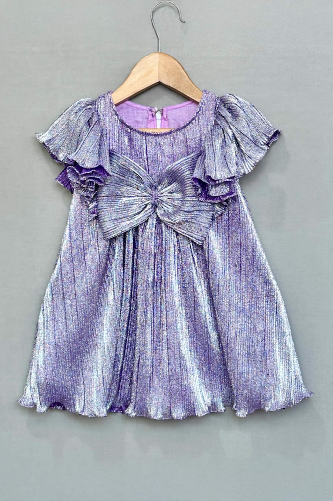 Label Neeti Metallic Purple Pleated Dress With Bow 