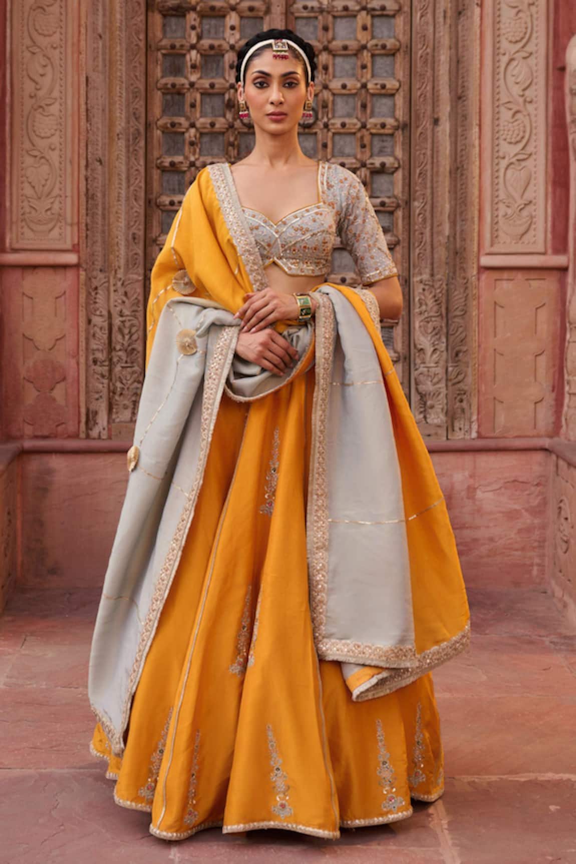 Kapda Dori Powder Blue & Mustard Yellow Lehenga Set 