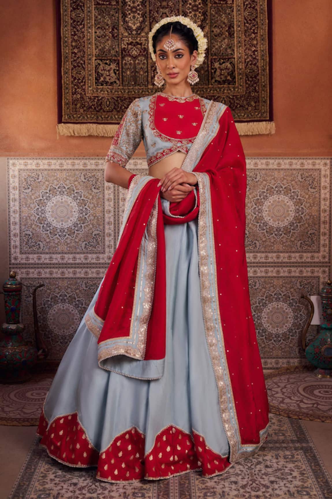 Kapda Dori Powder Blue Lehenga Set With Red Blouse 