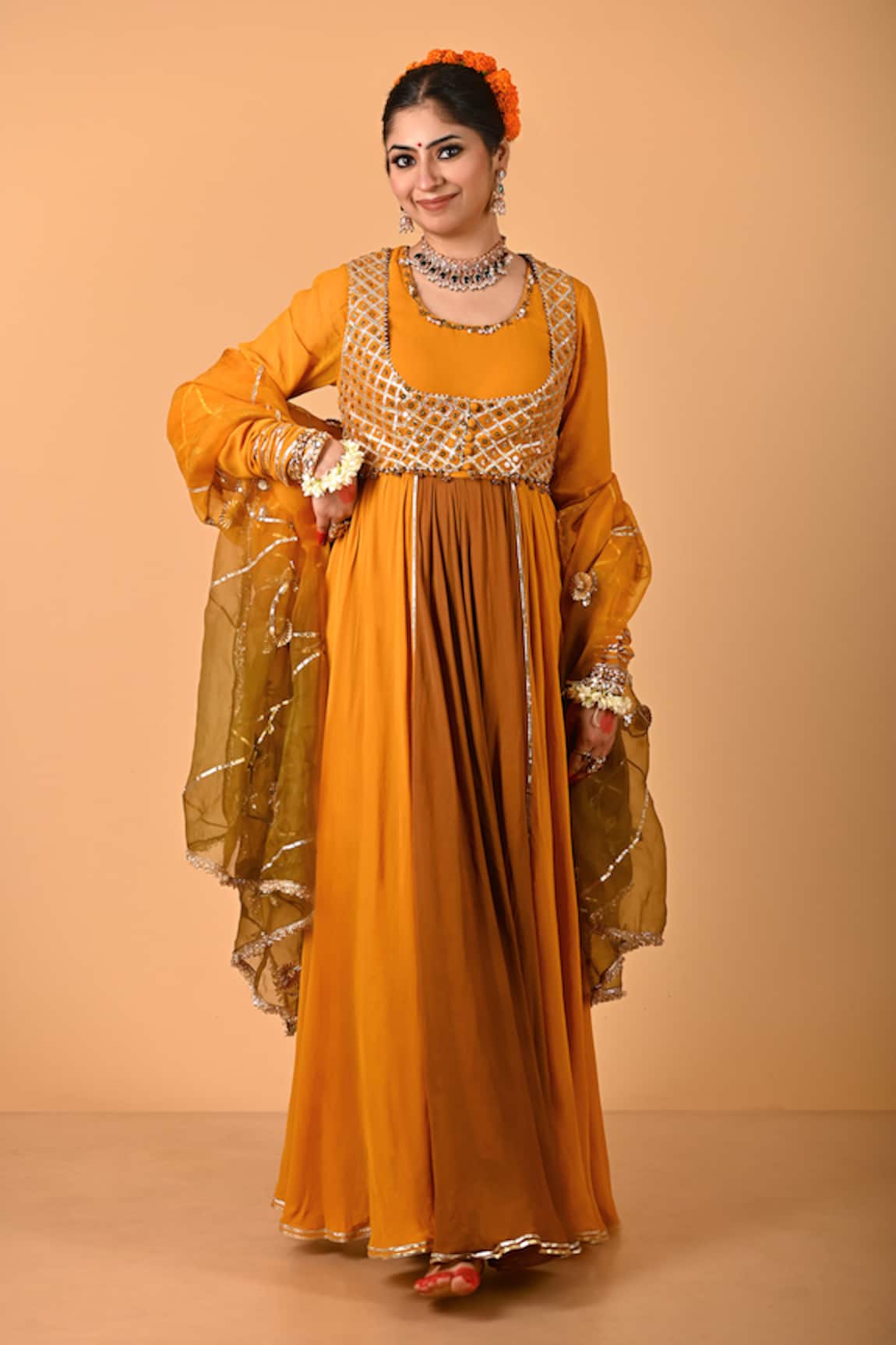 Mirkashi Mustard Yellow Hand Embroidered Anarkali Set 