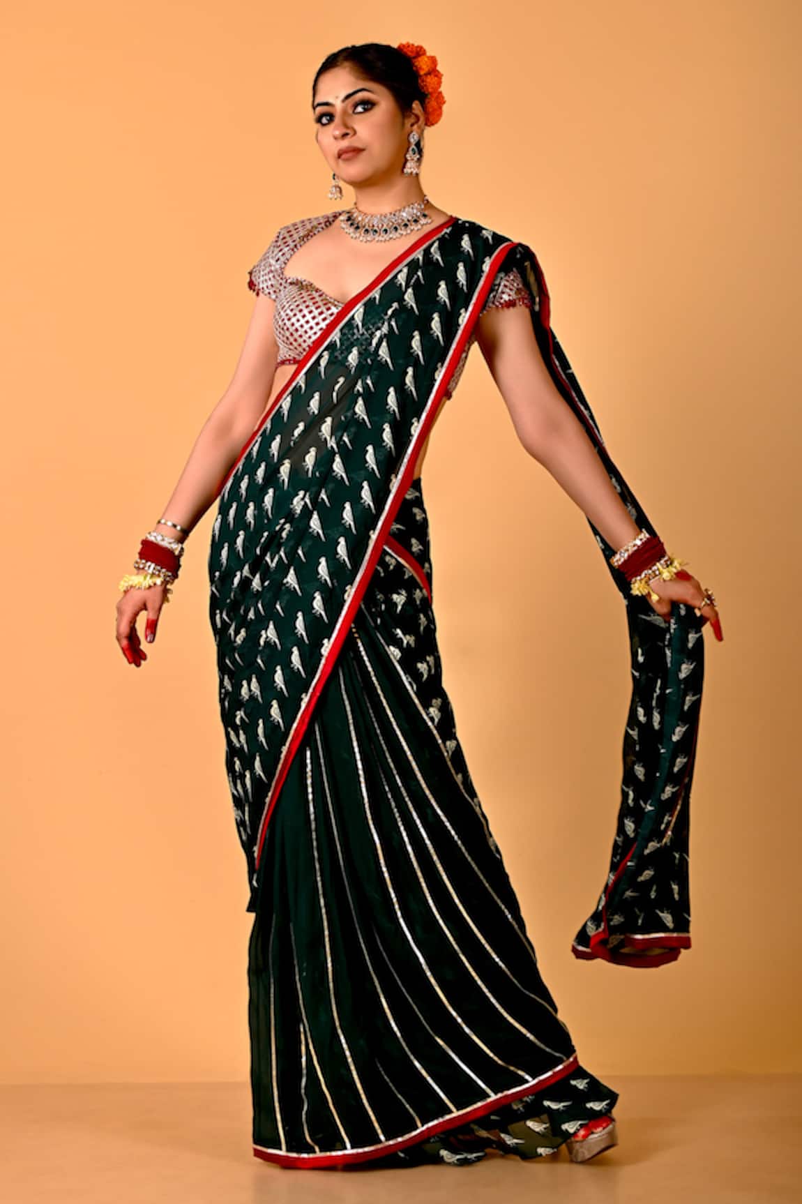 Mirkashi Bottal Green & Maroon Hand Embroidered Saree Set 