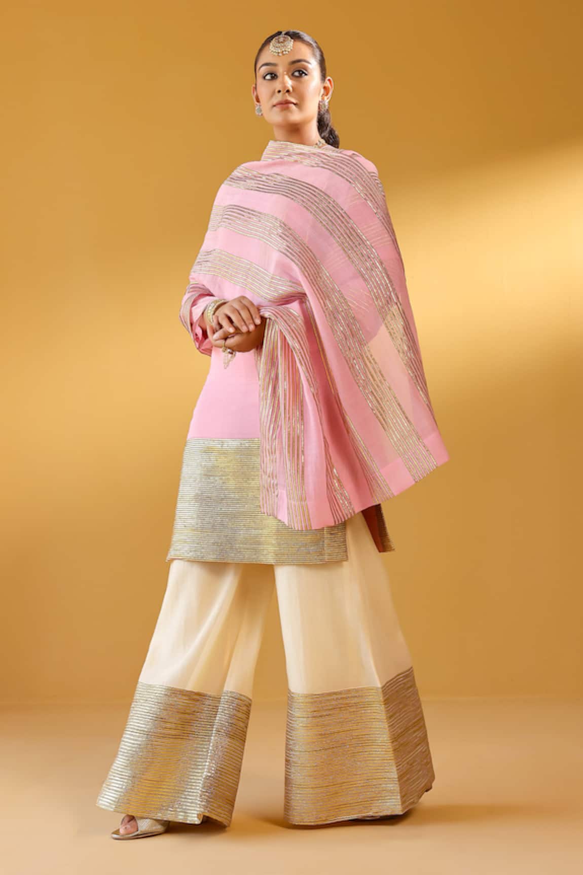 Palak & Mehak Chanderi Pink Kurta Sharara Set 