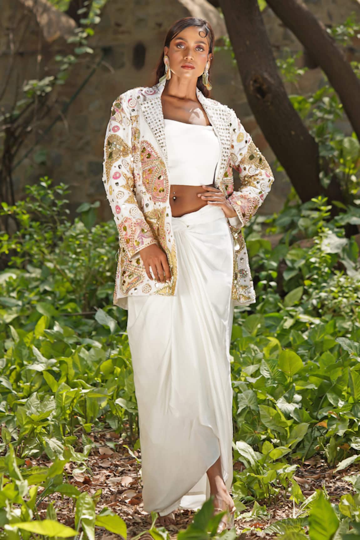 Soniya G Embellished Ivory Draped Skirt & Blazer Set 