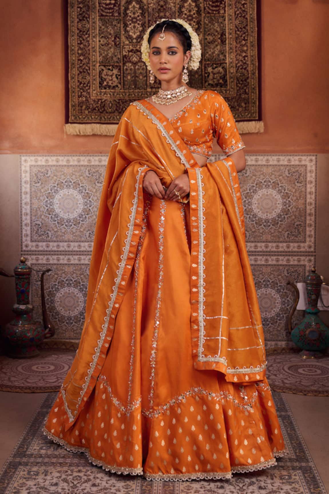 Kapda Dori Rust Orange Banarsi Silk Lehenga Set 