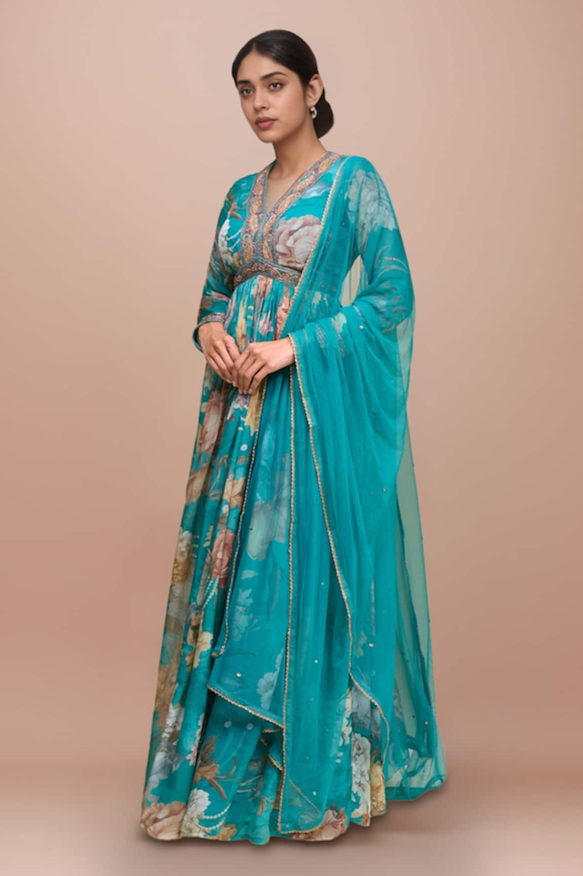 Kalista Turquoise Floral Print Anarkali With Dupatta 