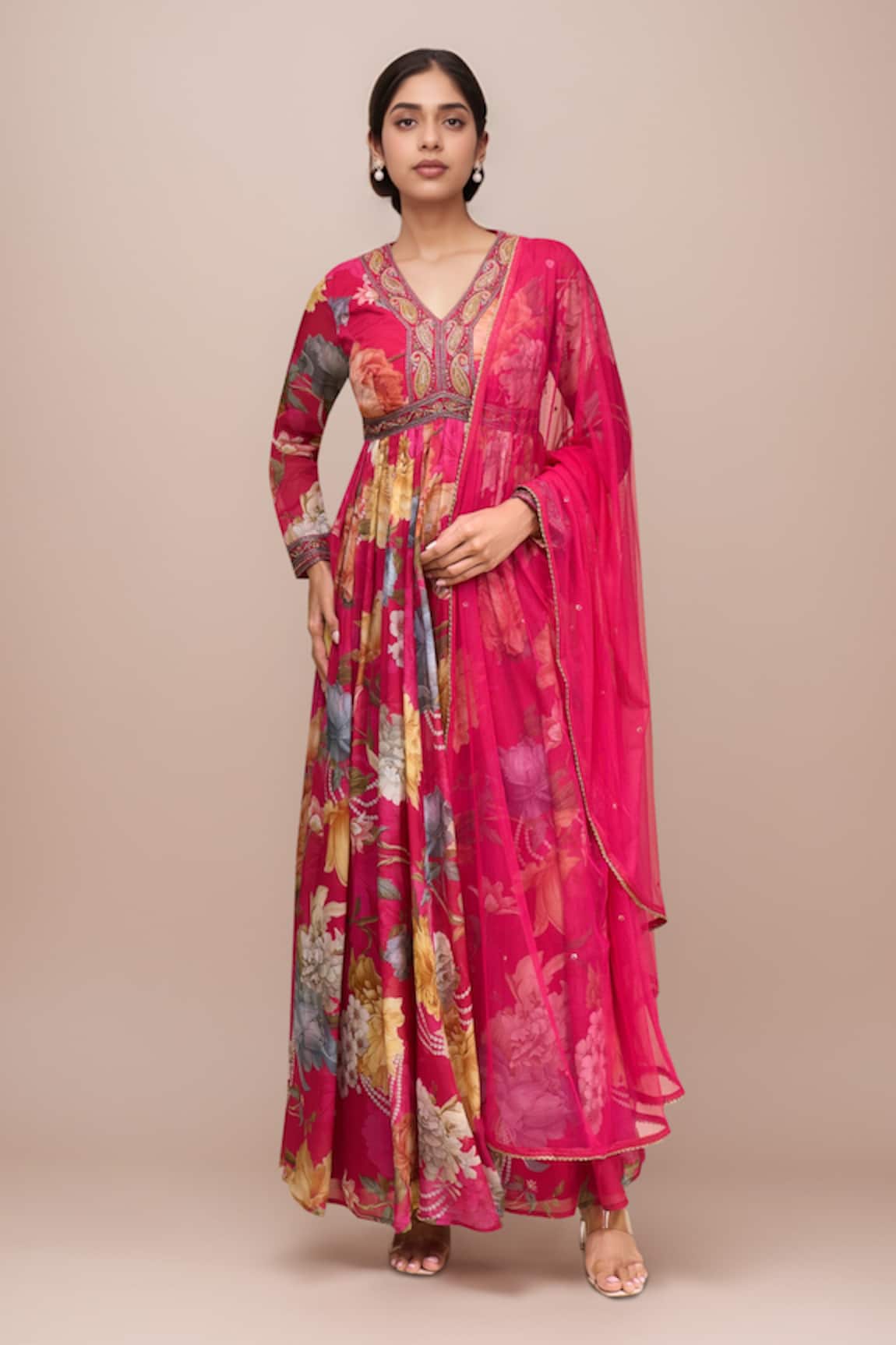 Kalista Fuchsia Floral Print Anarkali With Dupatta 
