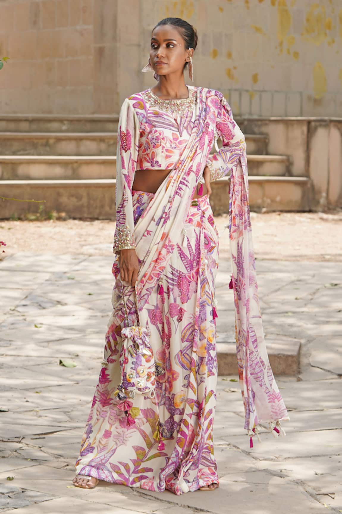 Soniya G Floral Print Pre-Draped Saree Set 