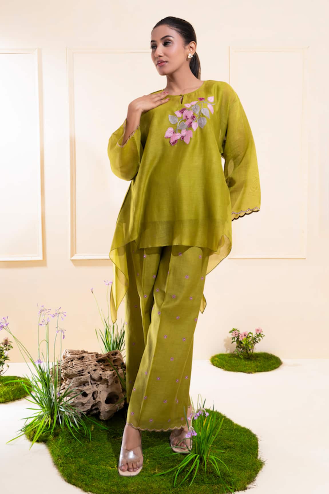 The White Tree Studio Moss Green Asymmetrical Top & Trouser Set 