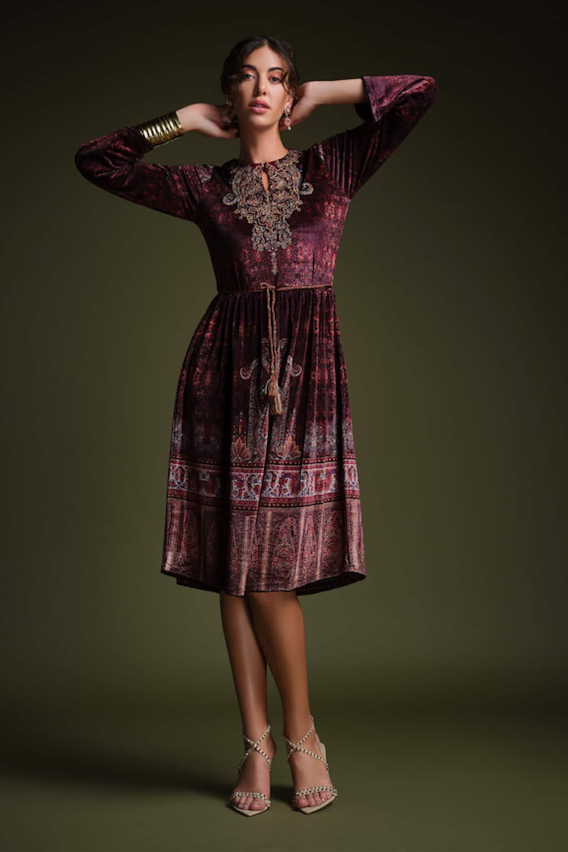Samyukta Singhania Burgundy Velvet Dress With Belt 