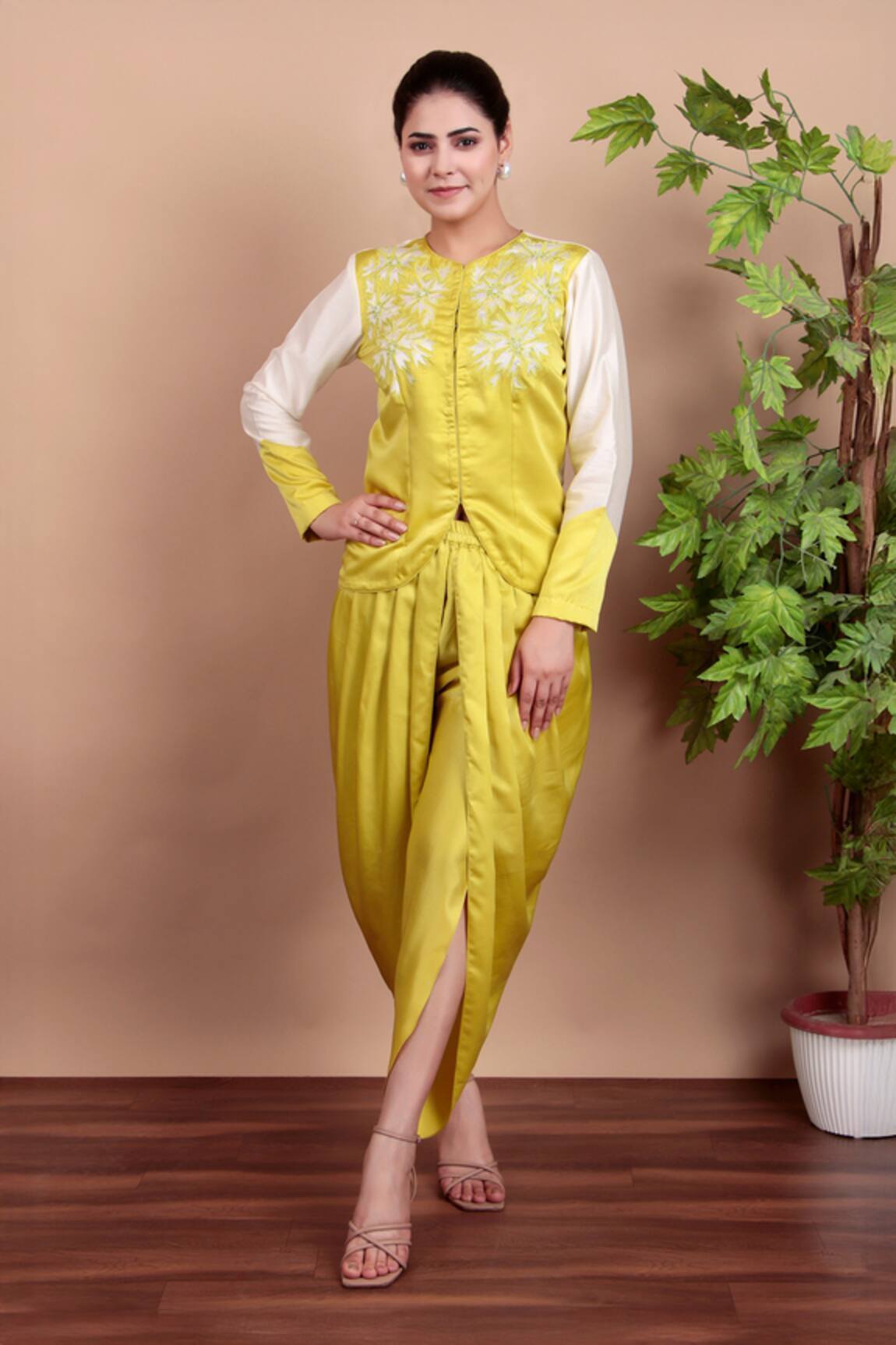 Nidhi Kejriwal Lemon Yellow Chanderi Jacket & Dhoti Pant Set 