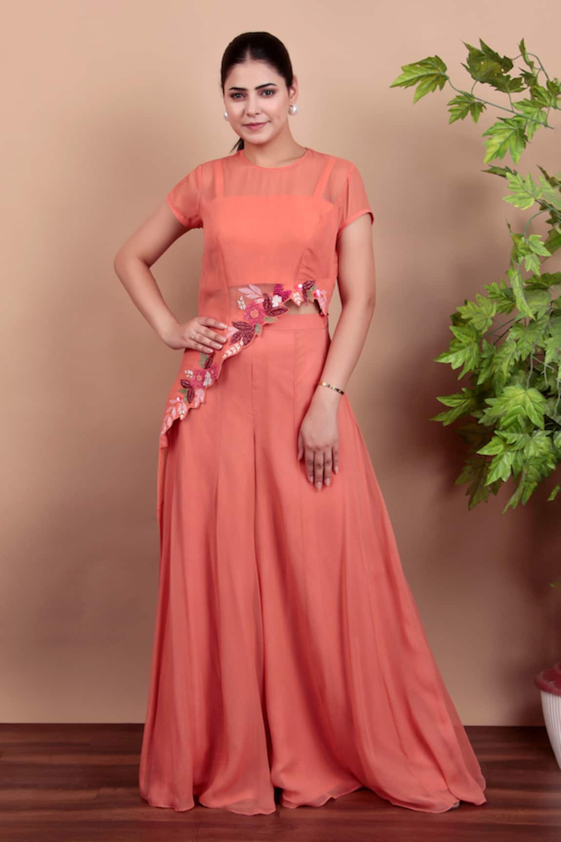 Nidhi Kejriwal Coral Chanderi Embroidered Top & Palazzo Set 