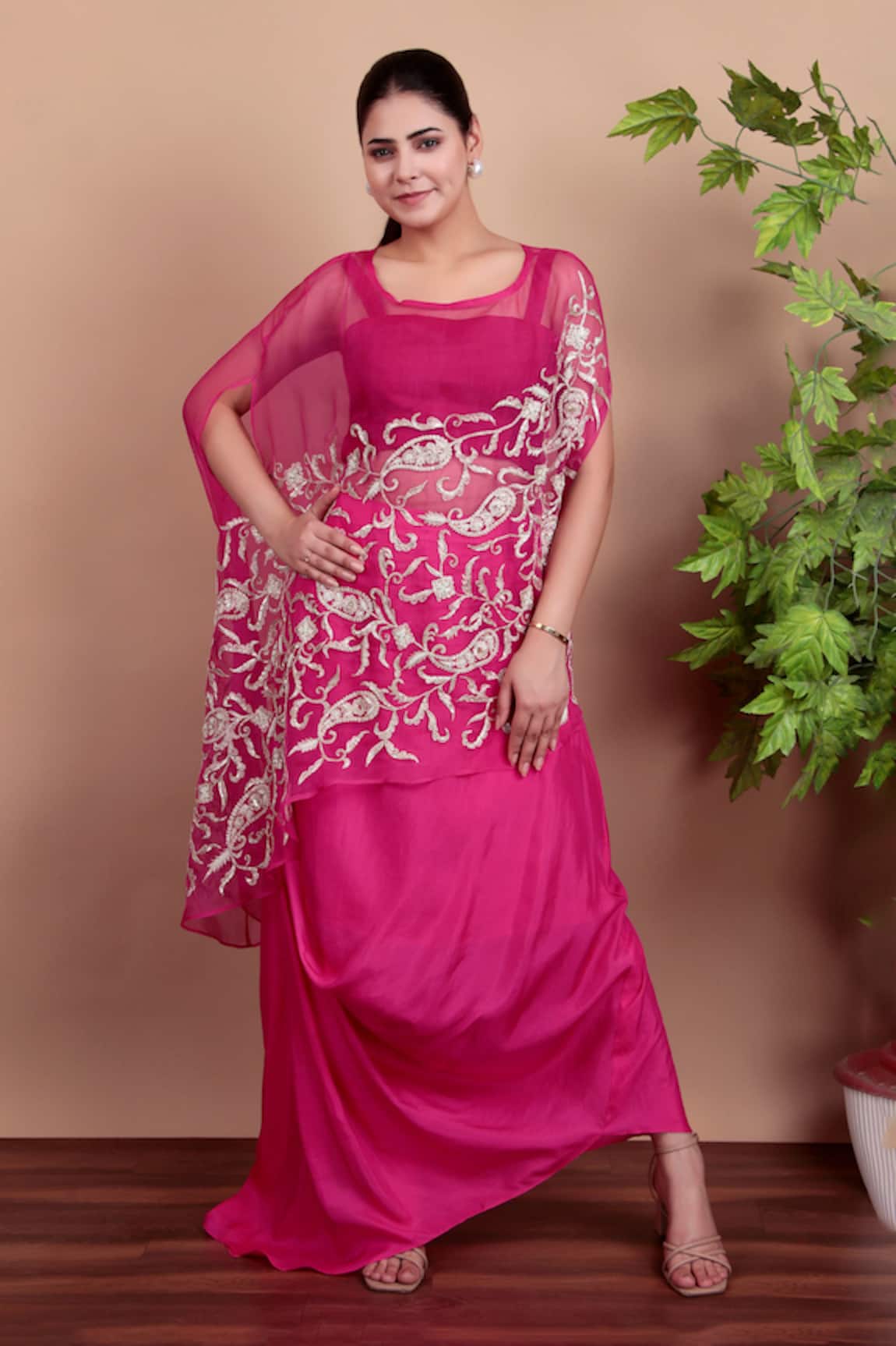Nidhi Kejriwal Magenta Silk Embroidered Cape Set 