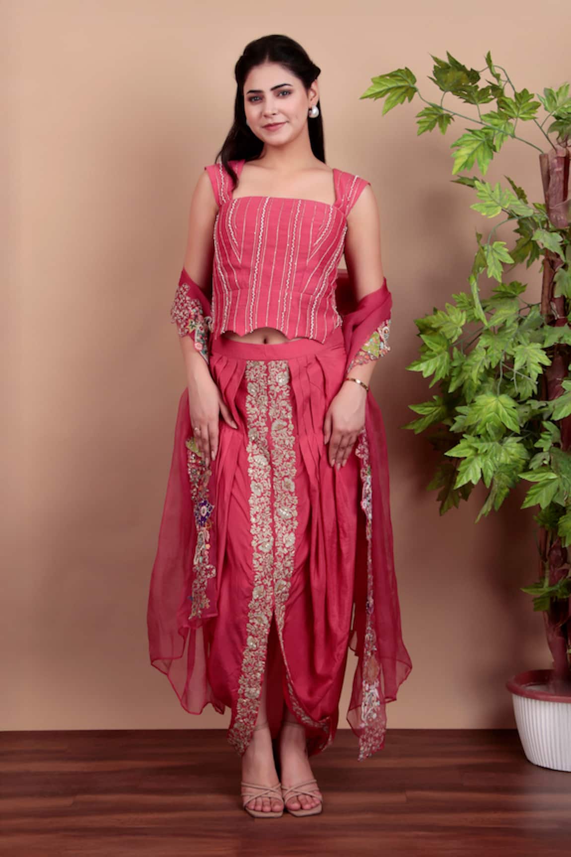 Nidhi Kejriwal Coral Chanderi Embroidered Dhoti Skirt Set 