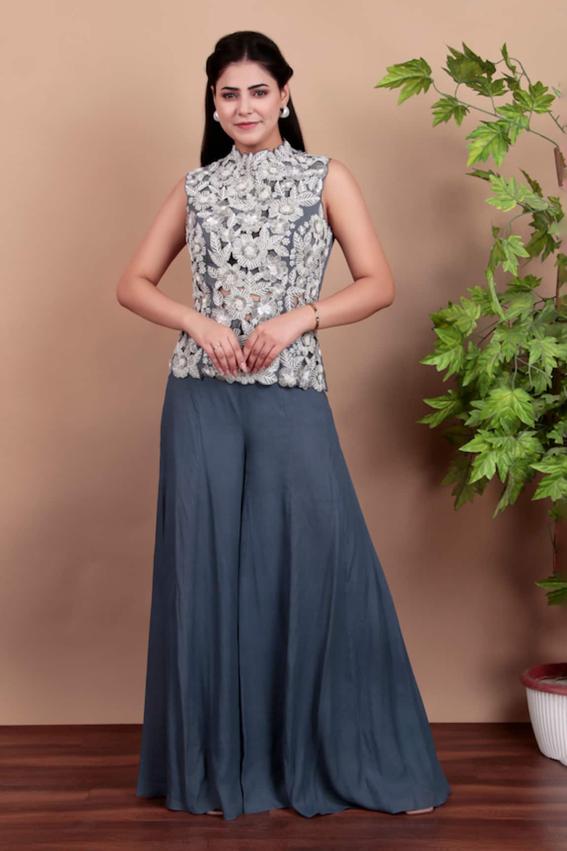 Nidhi Kejriwal Grey Embroidered Top & Palazzo Set 