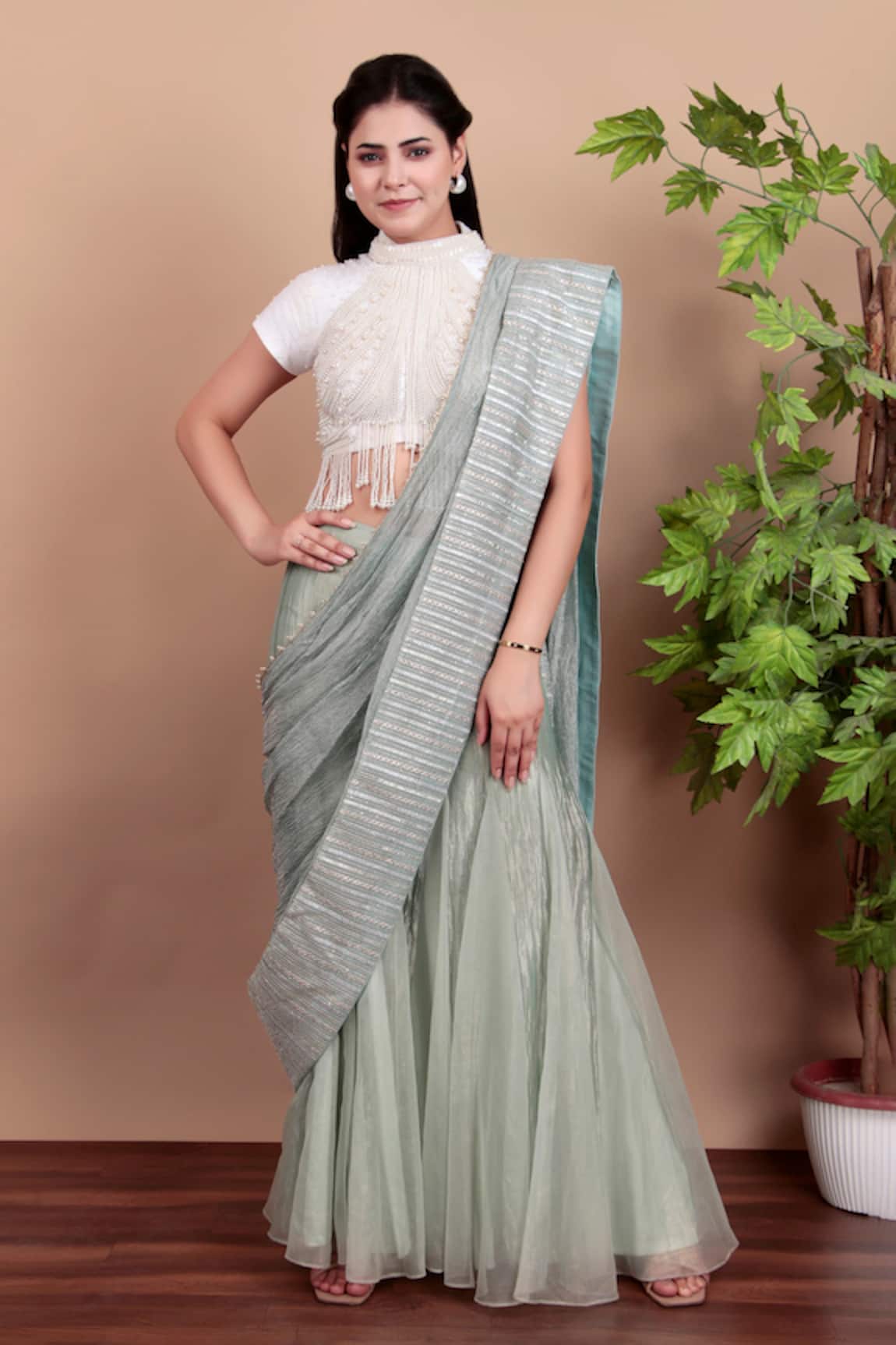 Nidhi Kejriwal Phirozi Blue Designer Pant Saree Set 