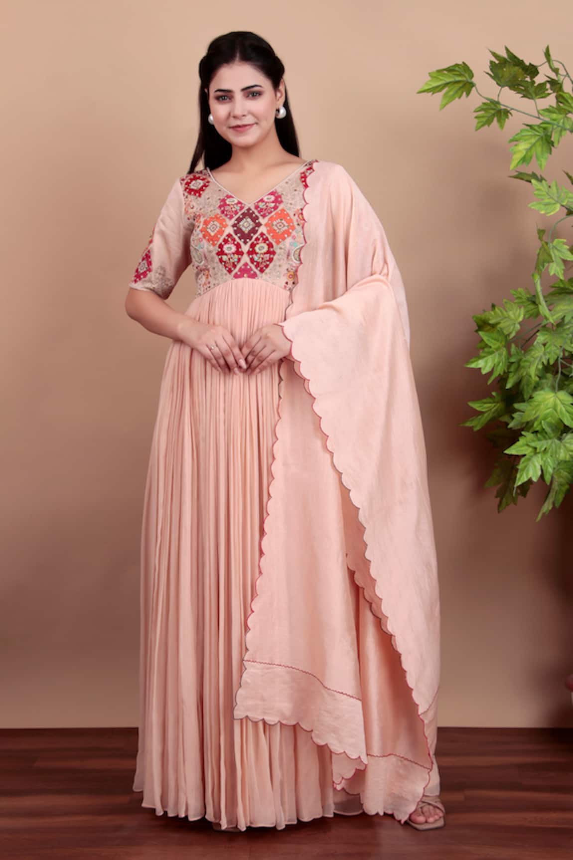 Nidhi Kejriwal Peach Chanderi Embroidered Anarkali Set 