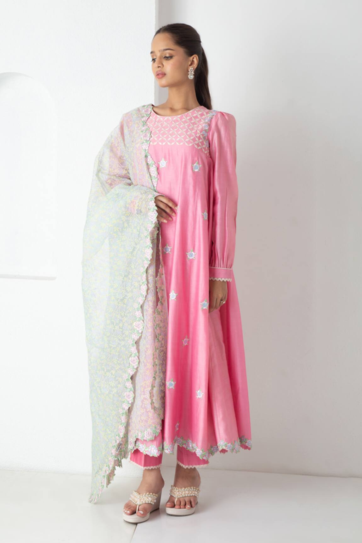 Chhaya Mehrotra Candy Pink Chanderi Kurta Pant Set 