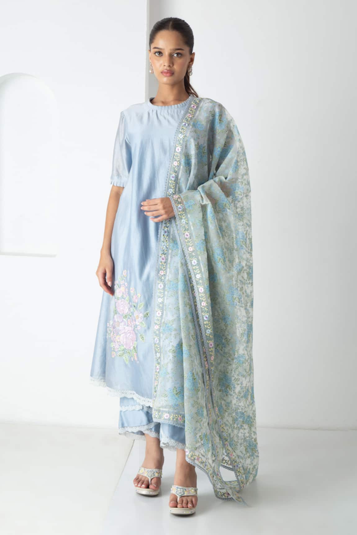 Chhaya Mehrotra Powder Blue Chanderi Kurta Pant Set 