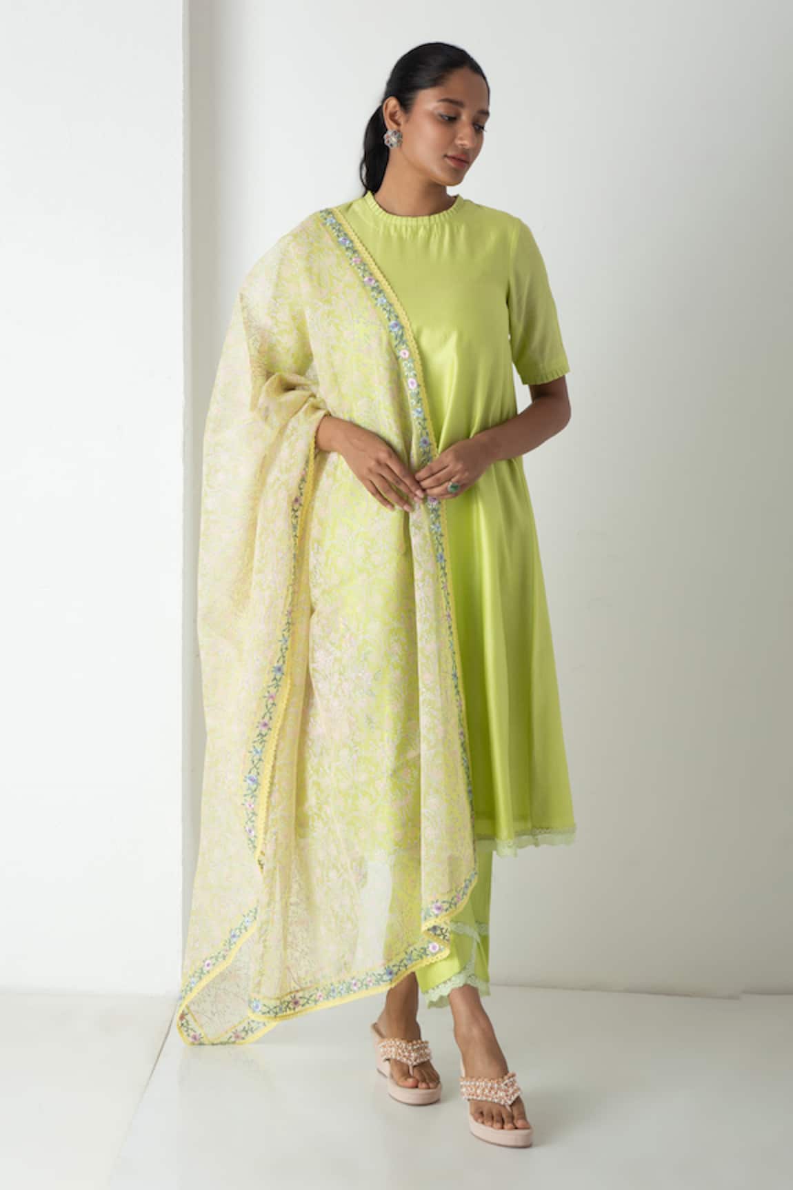 Chhaya Mehrotra Chanderi Raw Mango Green Kurta Set 