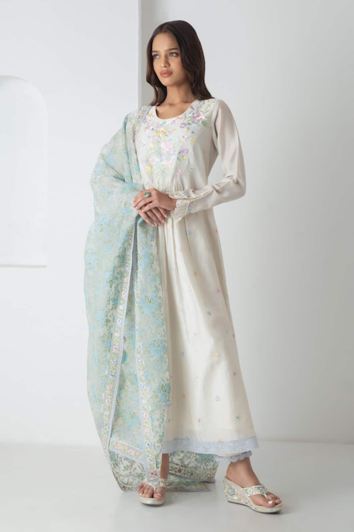 Chhaya Mehrotra Ivory Chanderi Kurta Pant Set  