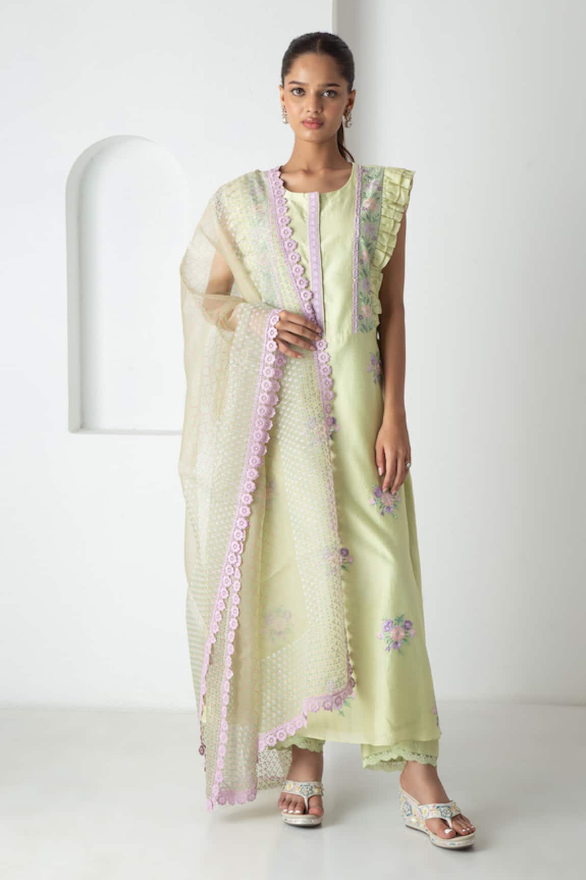Chhaya Mehrotra Tea Green Chanderi Kurta Pant Set 