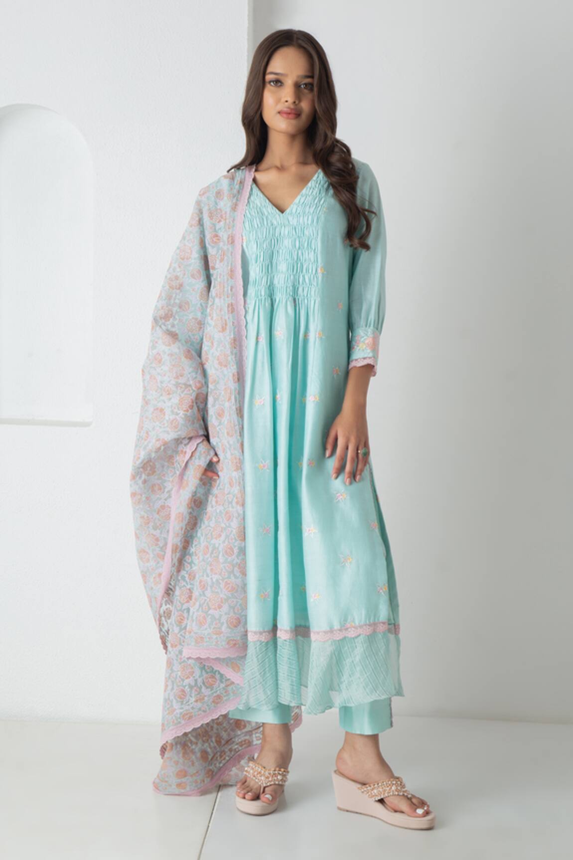 Chhaya Mehrotra Aqua Chanderi Kurta Pant Set 