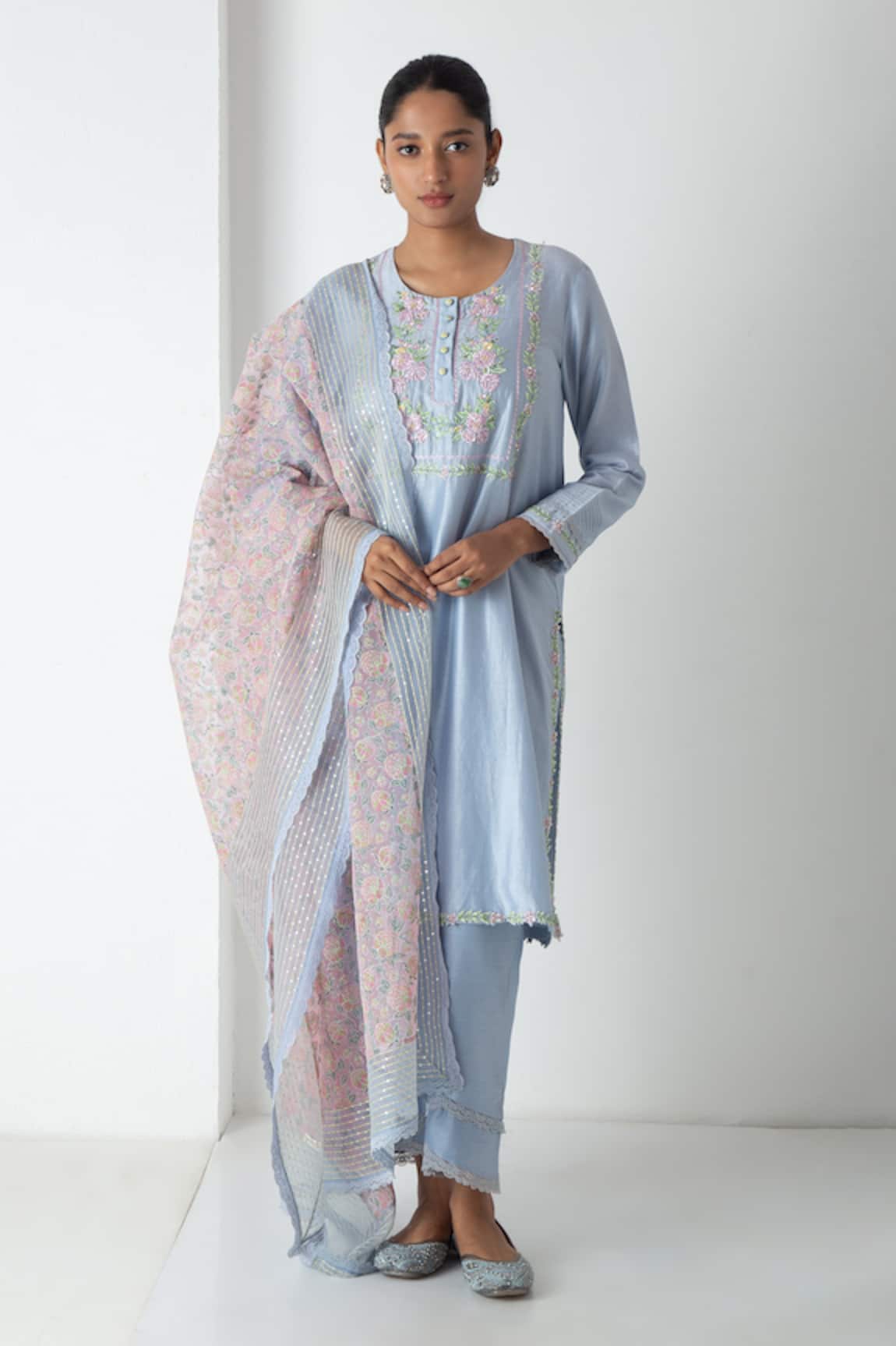 Chhaya Mehrotra Powder Blue Chanderi Kurta Pant Set 
