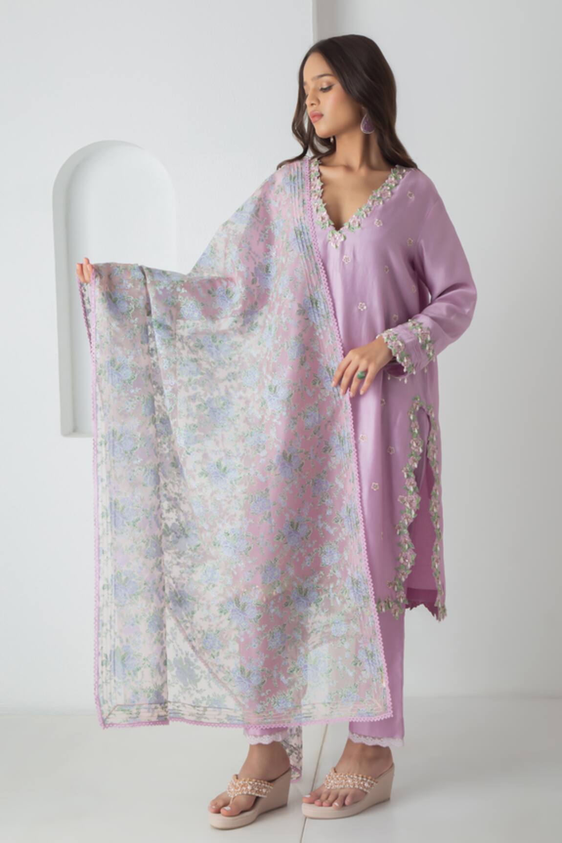 Chhaya Mehrotra Lavender Chanderi Kurta Pant Set 