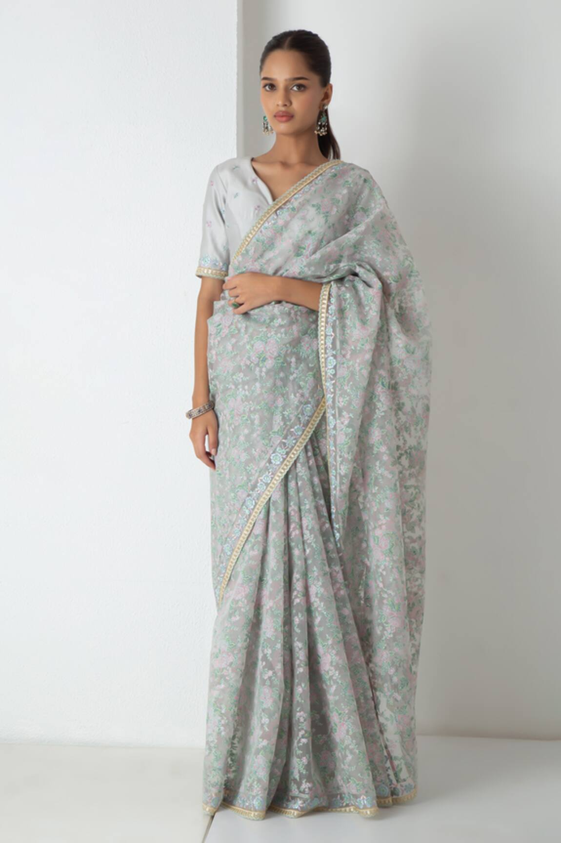 Chhaya Mehrotra Ice Grey Floral Chanderi Saree Set 