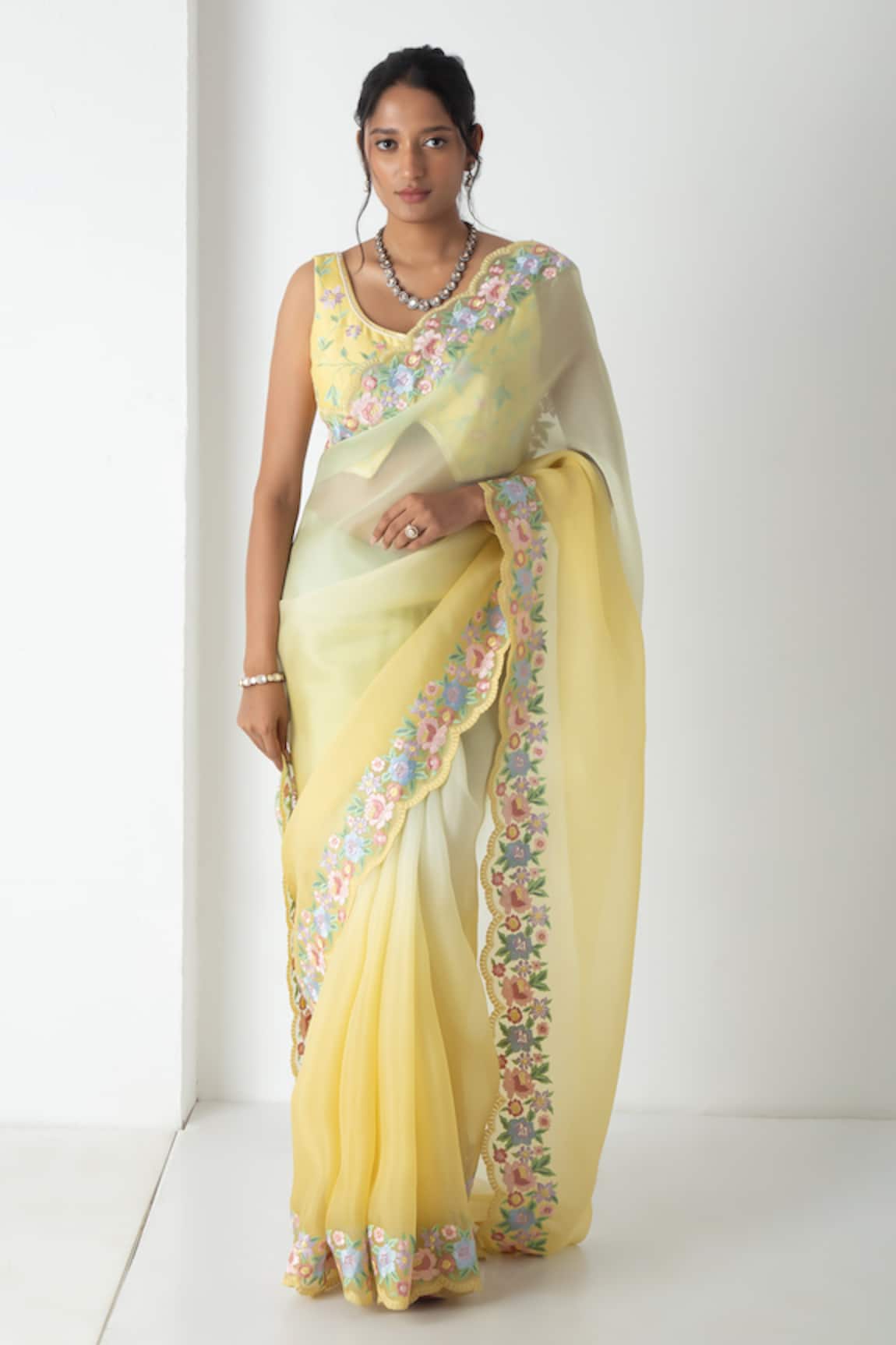 Chhaya Mehrotra Yellow-Green Chanderi Embroidered Saree Set 