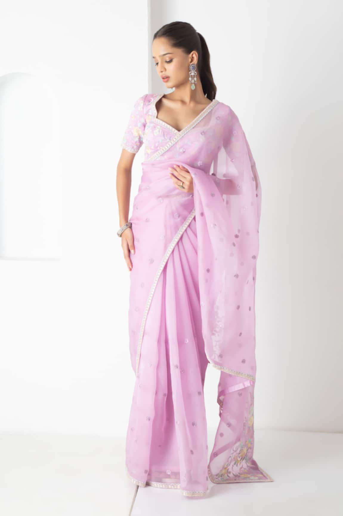 Chhaya Mehrotra Lavender Chanderi Embroidered Saree Set 