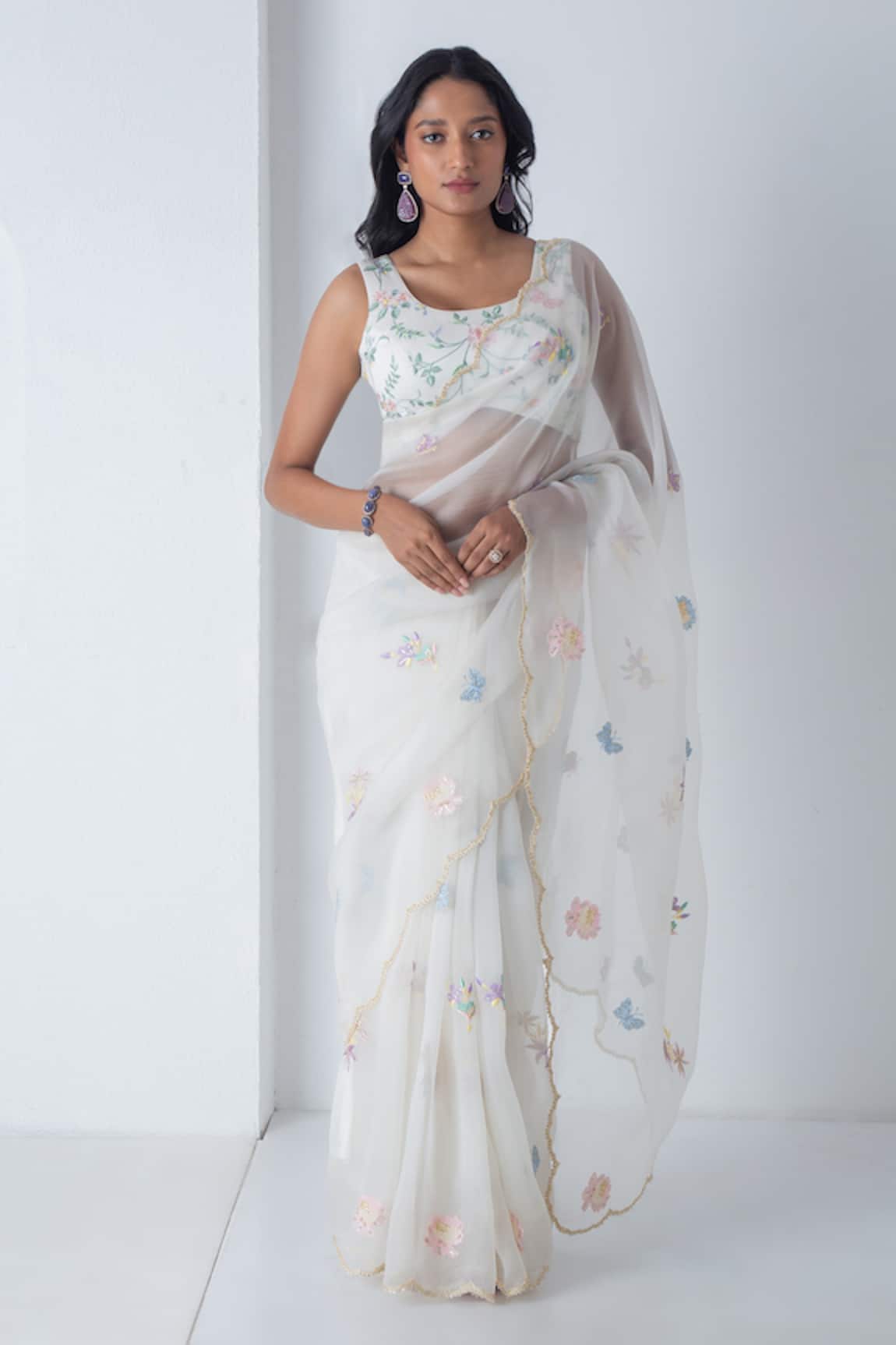 Chhaya Mehrotra Ivory Chanderi Embroidered Saree Set 