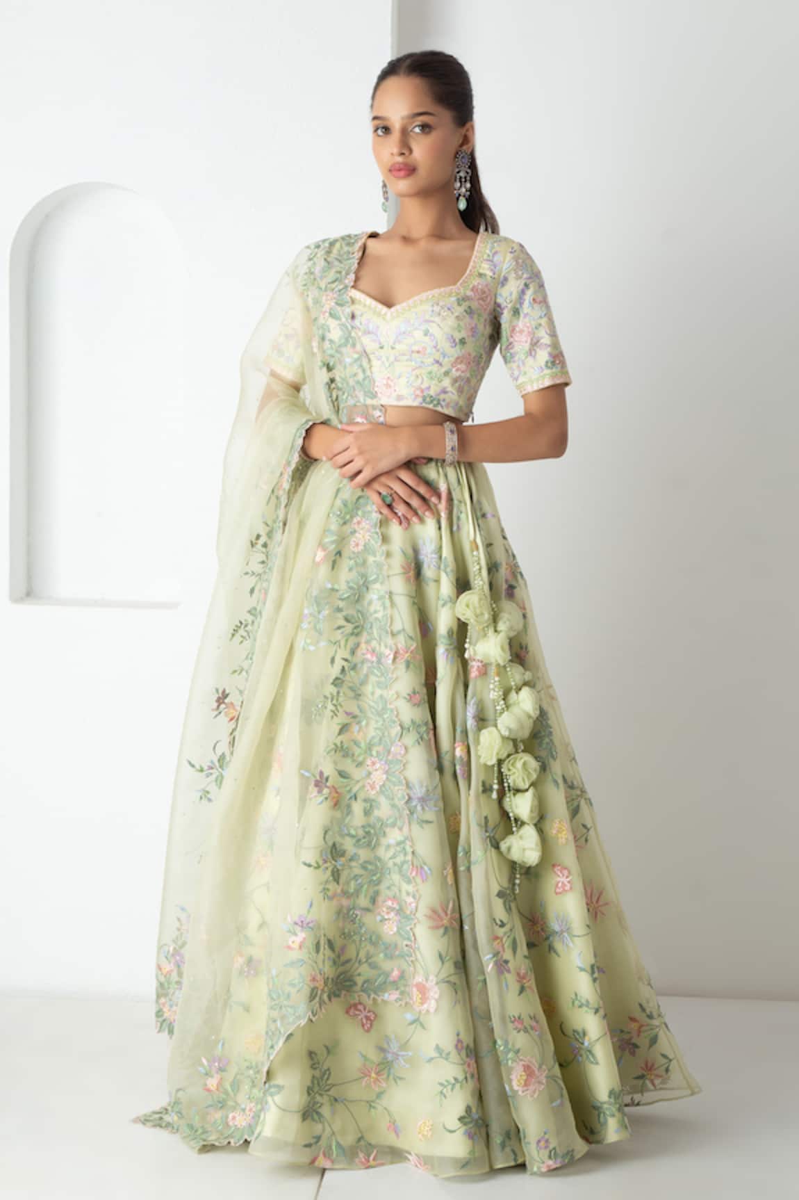 Chhaya Mehrotra Tea Green Embroidered Lehenga Set 