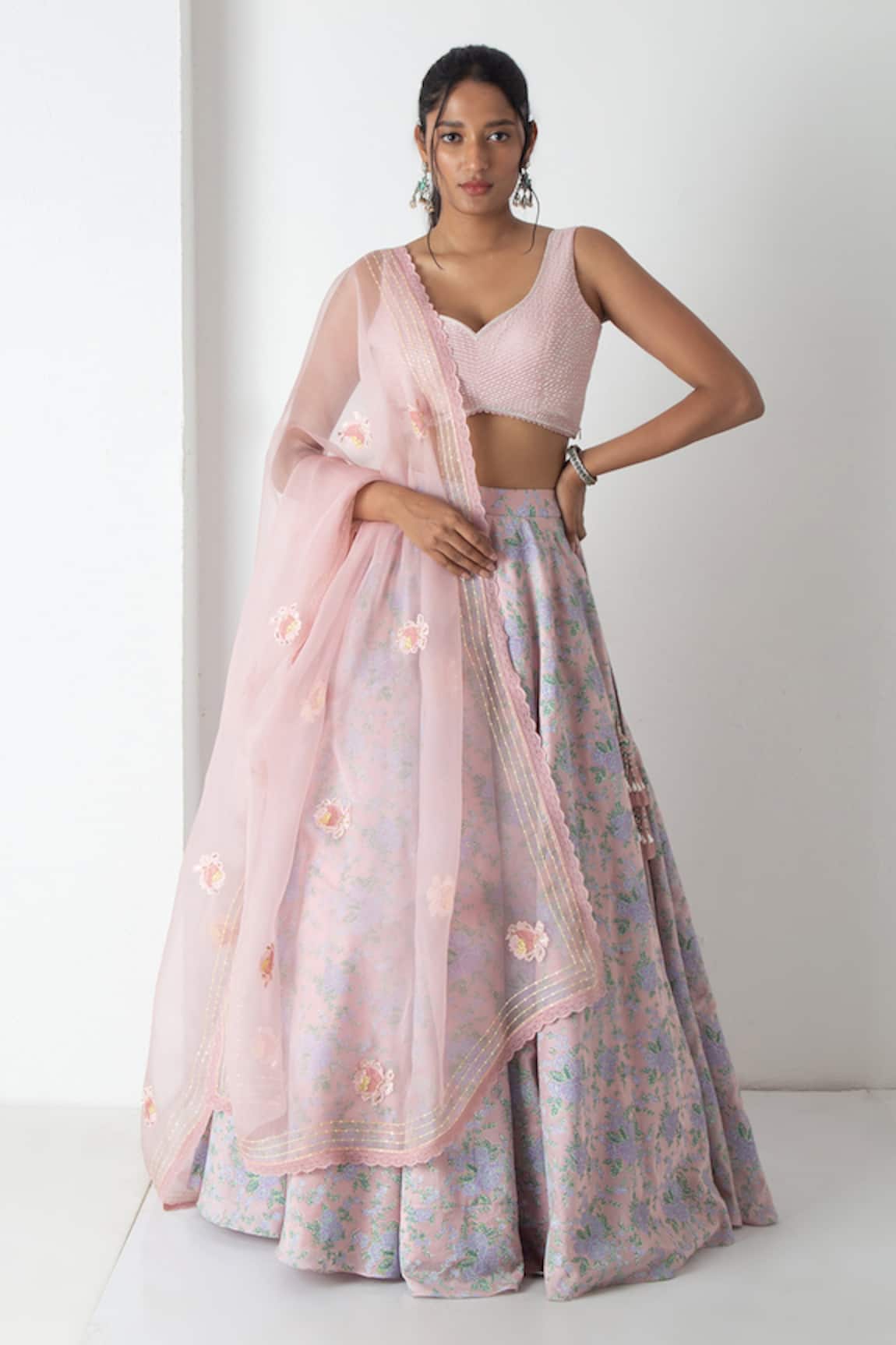 Chhaya Mehrotra Peach Pink Chanderi Lehenga Set 