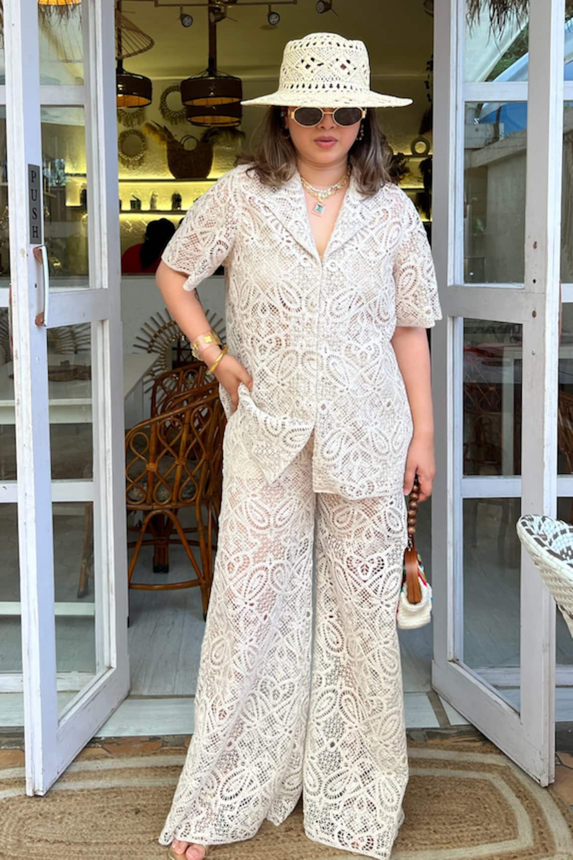 Sonam Parmar Jhawar Beige Crochet Boho Shirt & Pant Set 