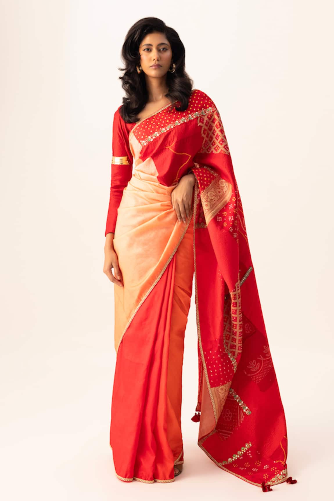 Naina Jain Red Bandhani Patchwork Saree Set 