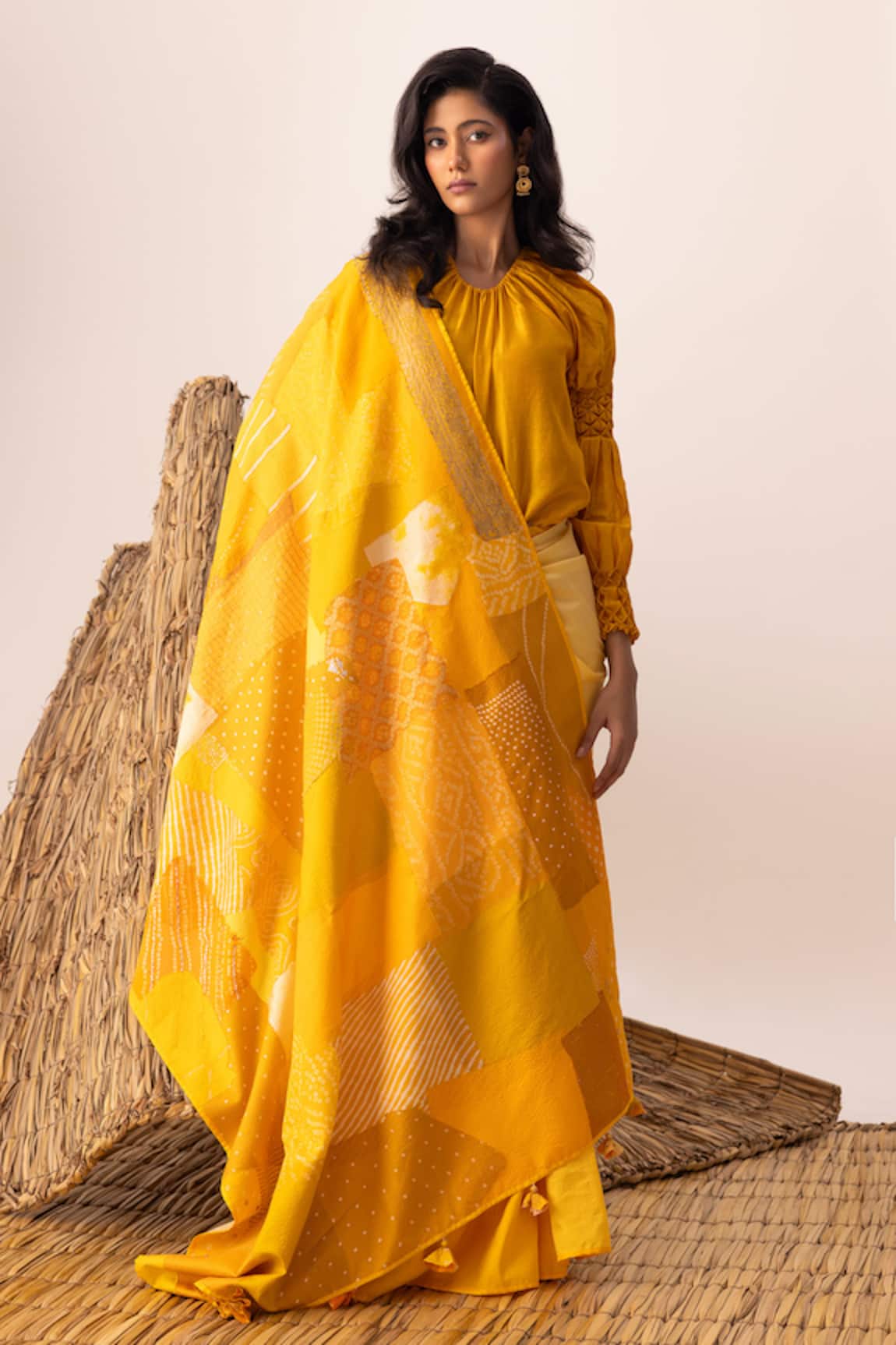 Naina Jain Yellow Bandhani Patchwork Saree 
