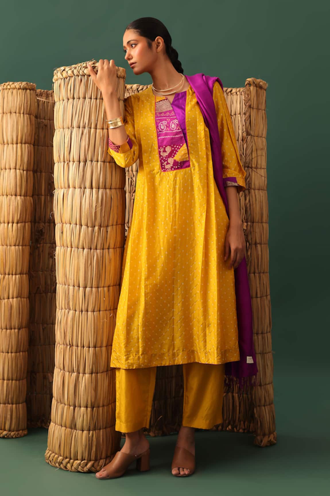 Naina Jain Patchwork Bandhani Mustard Suit Set 
