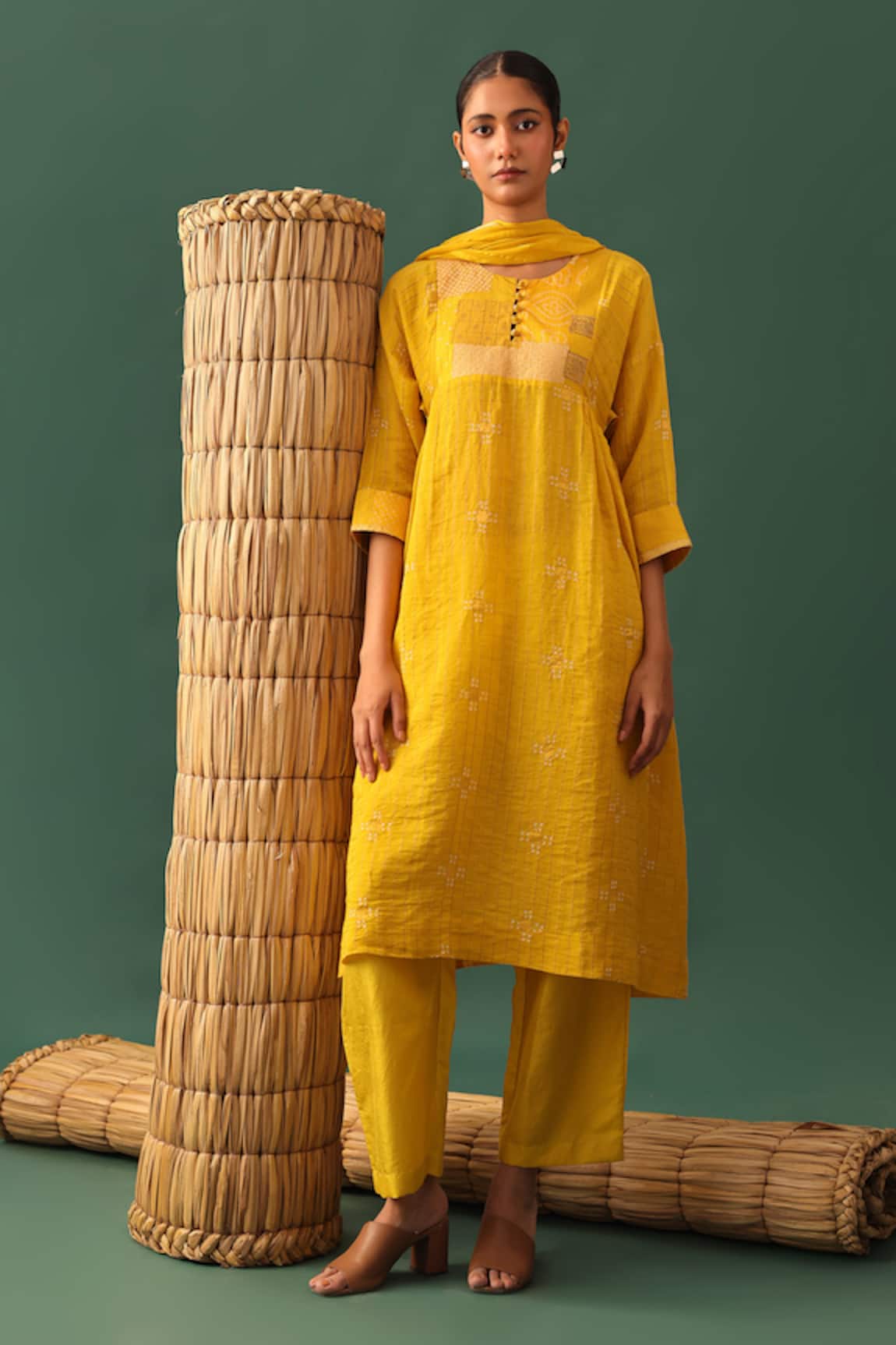 Naina Jain Yellow Chanderi Patchwork Suit Set 