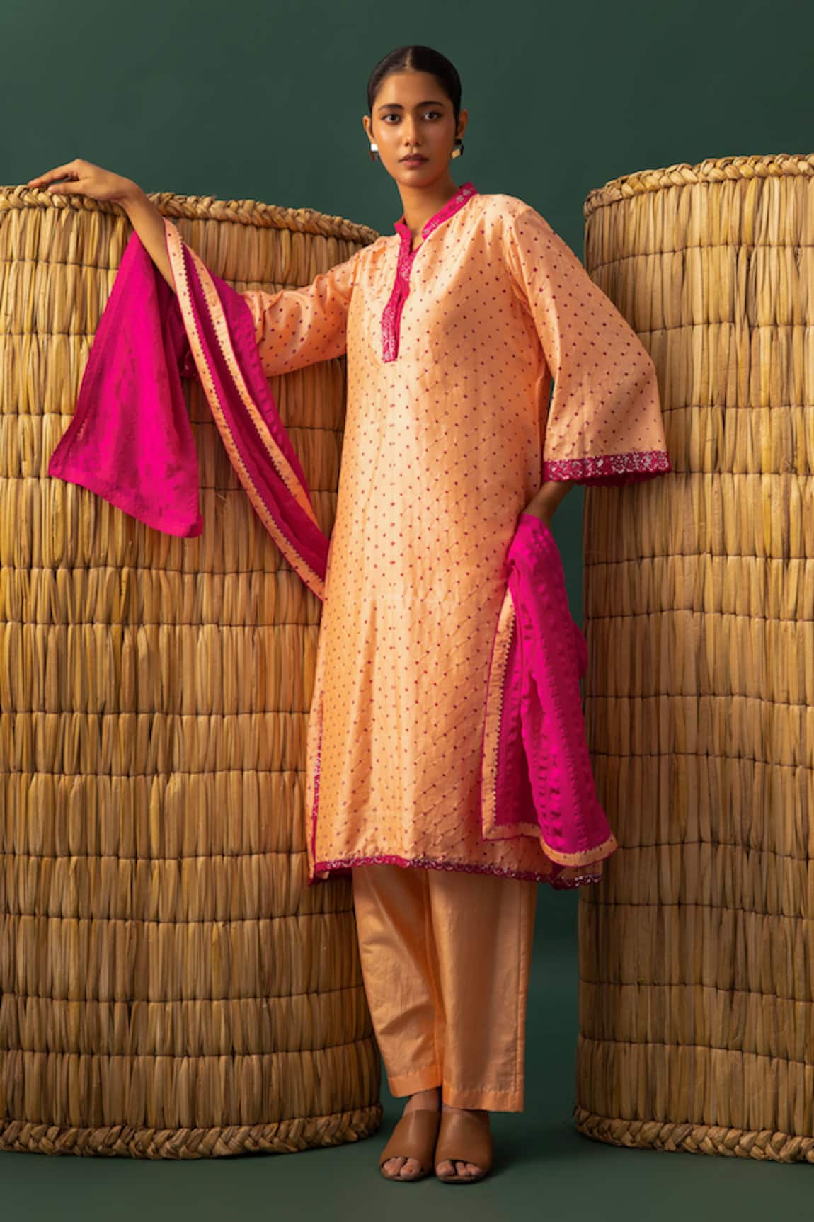 Naina Jain Light Orange Bandhani Mirror Work Kurta Set 