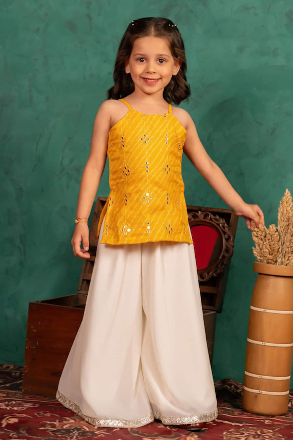 Jilmil Dreamwear Yellow Mirror Work Top & Palazzo Set 