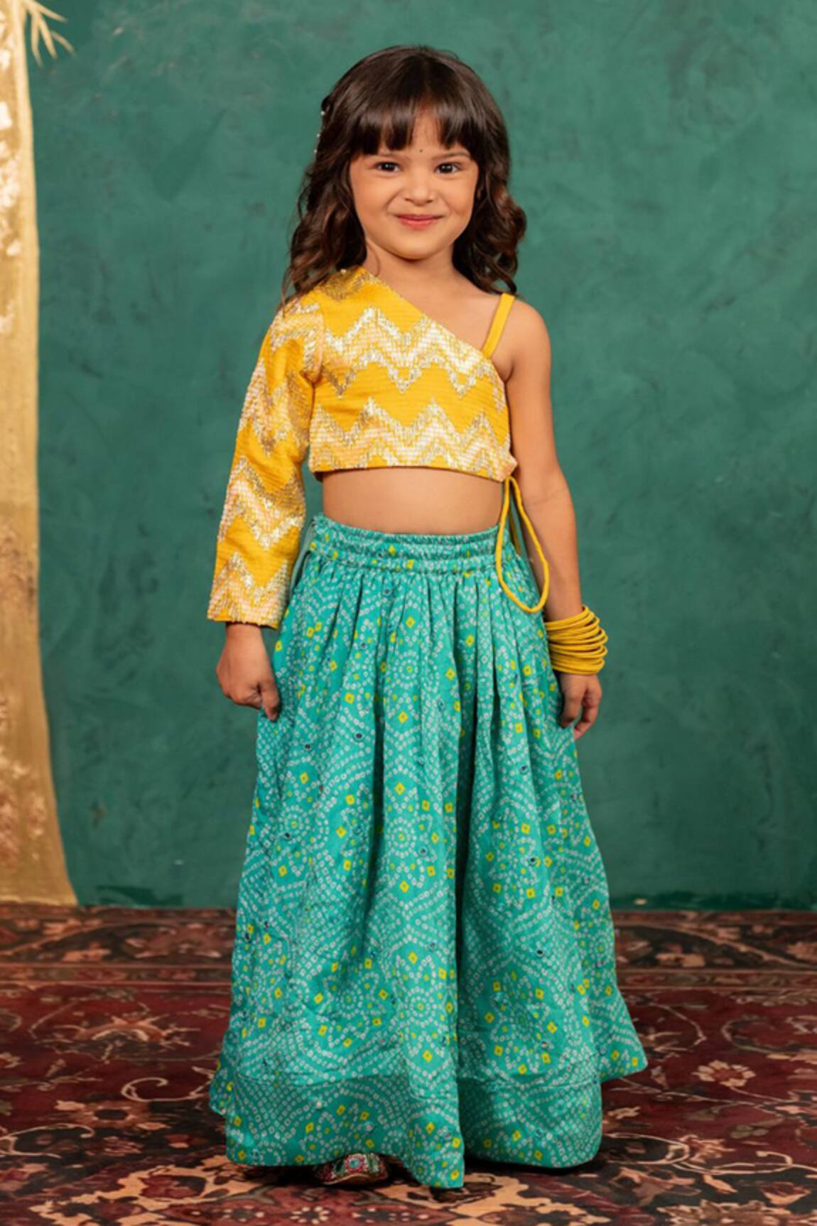 Jilmil Dreamwear Yellow Bandhani Top & Lehenga Set 