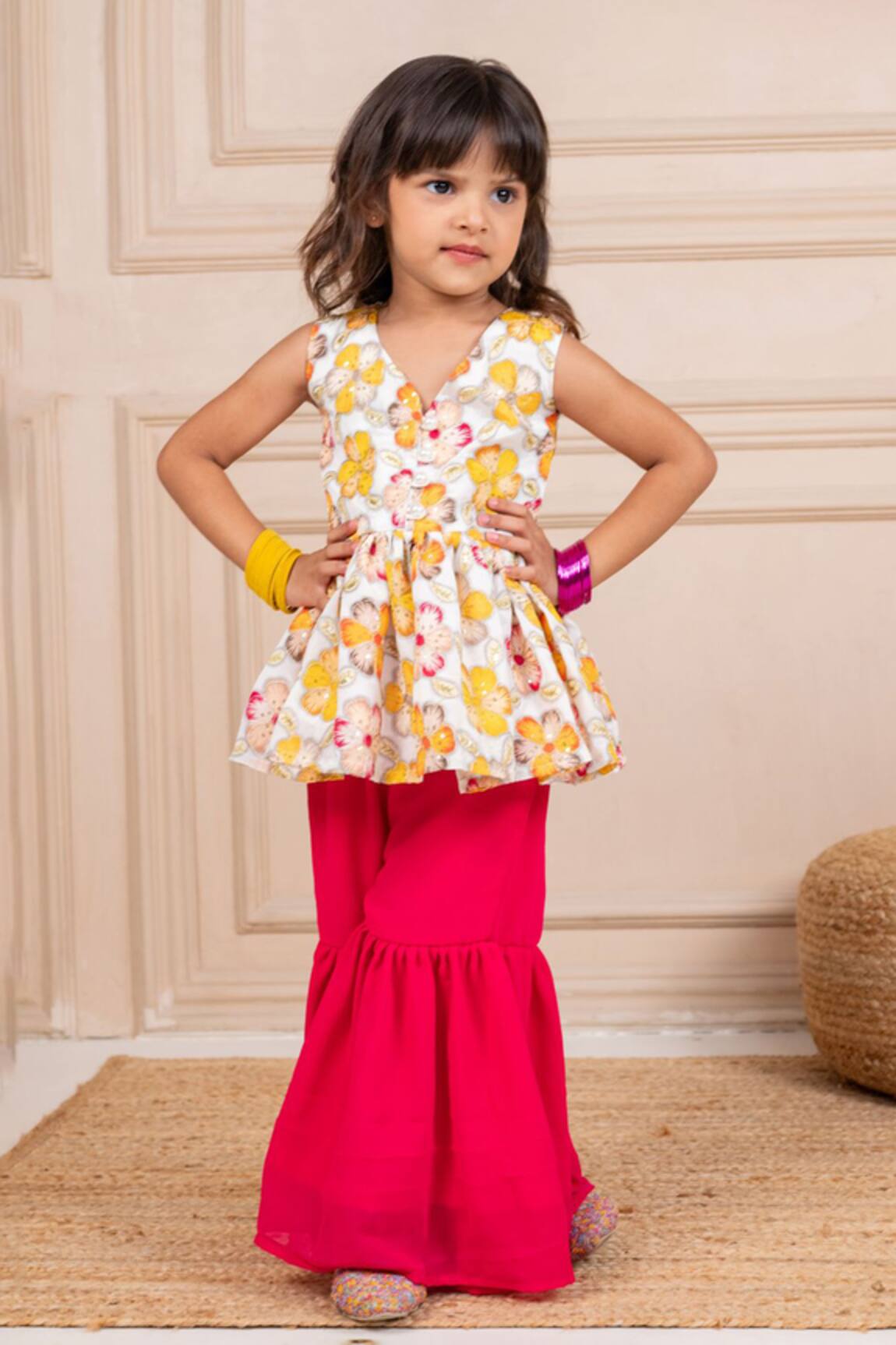 Jilmil Dreamwear Floral Embroidered Peplum Top & Sharara Set 