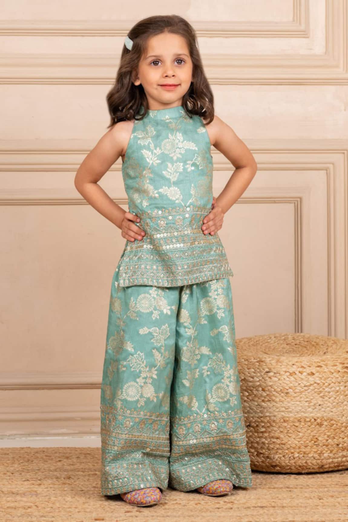 Jilmil Dreamwear Mint Green Embroidered Top & Palazzo Set 