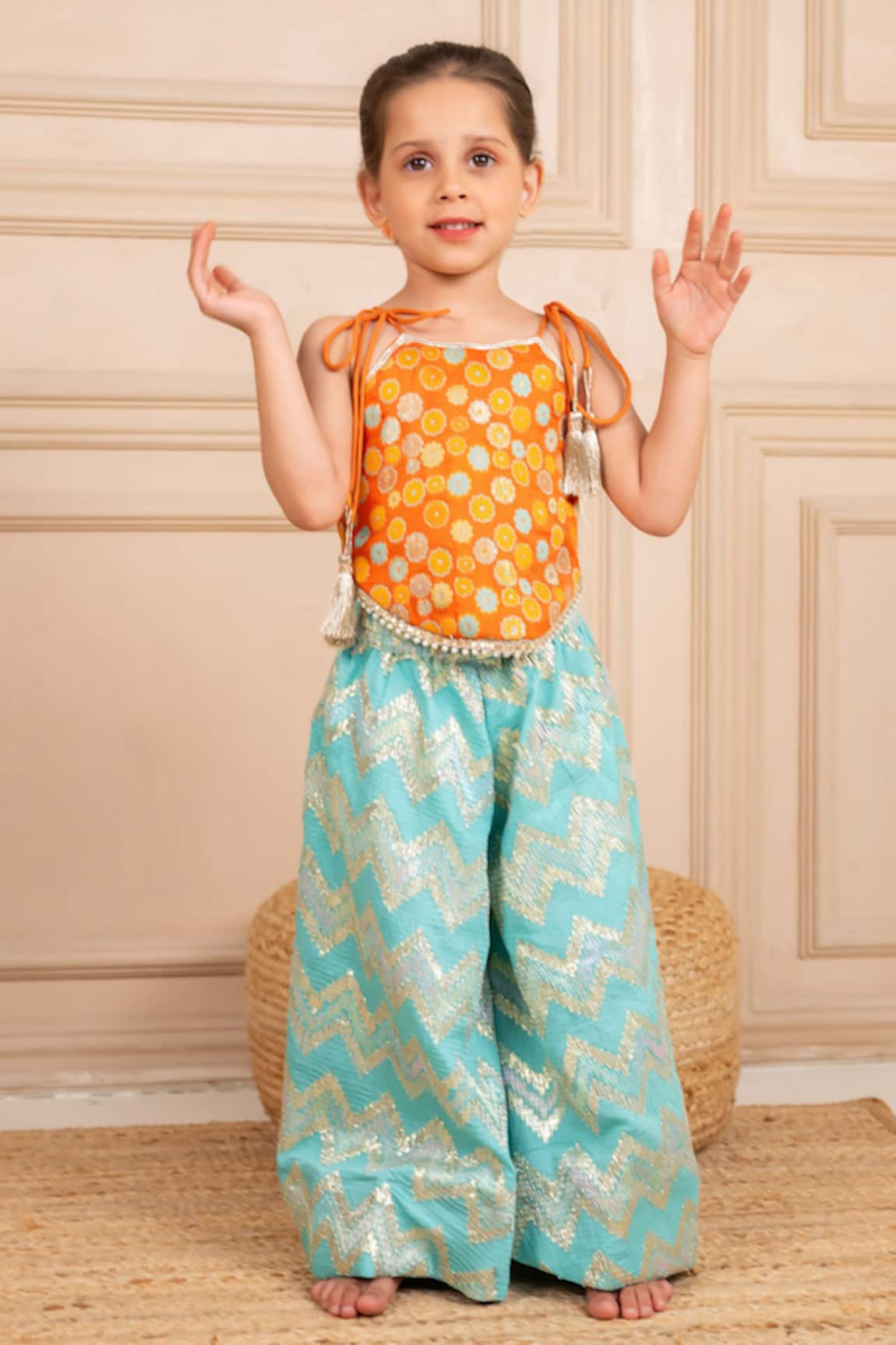 Jilmil Dreamwear Orange Embroidered Top & Aqua Palazzo Set 