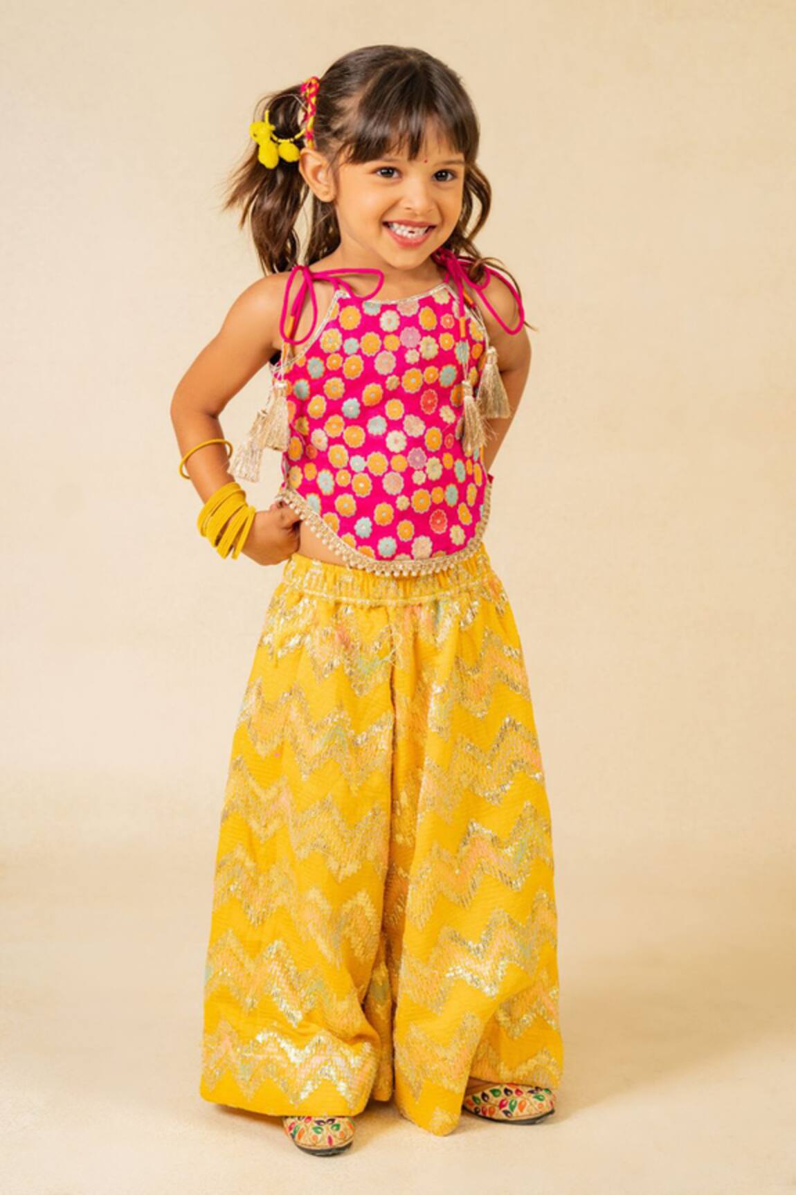 Jilmil Dreamwear Pink Embroidered Top & Yellow Palazzo Set 