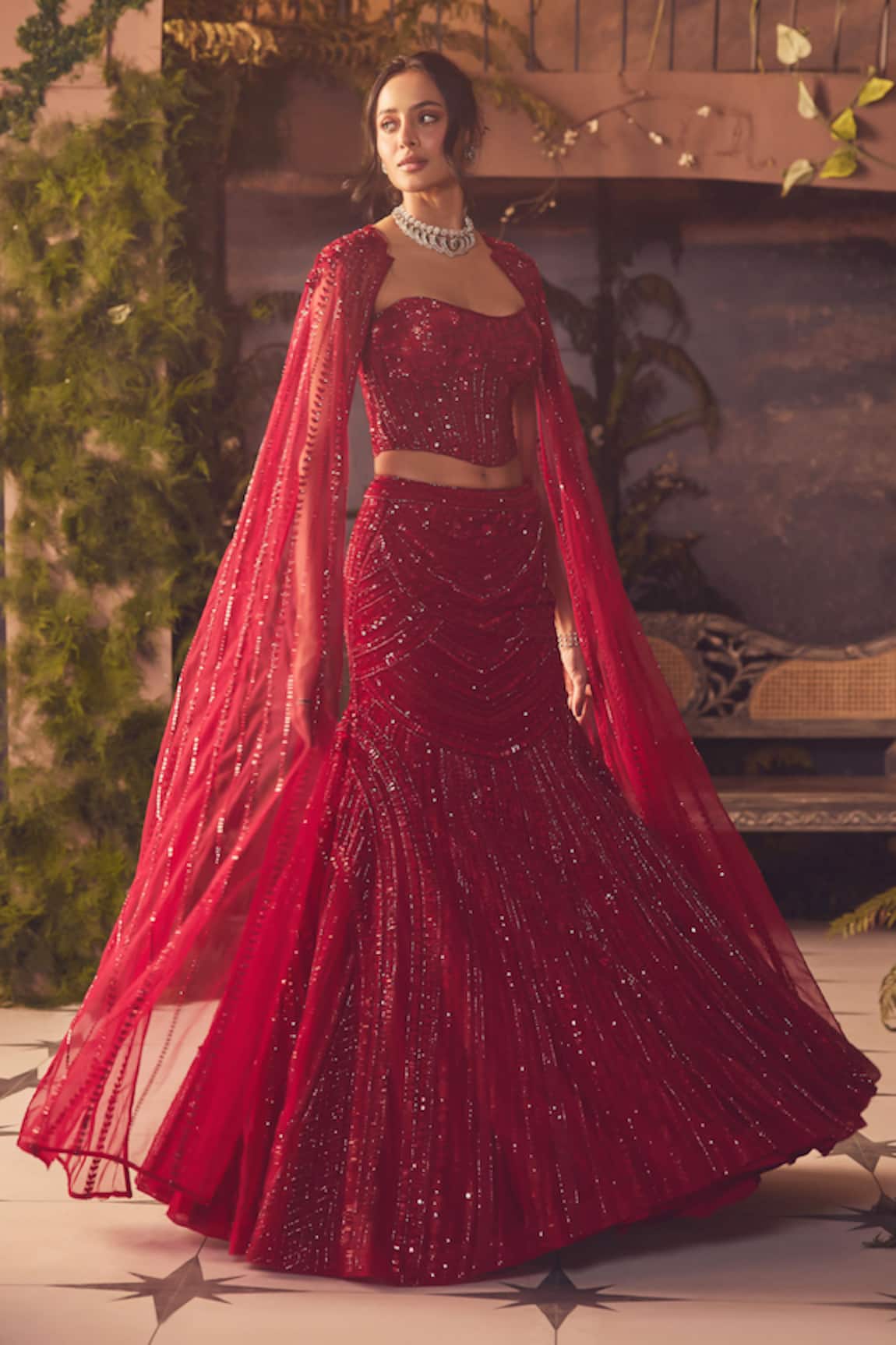 Roqa Red Sequined Designer Lehenga Set 