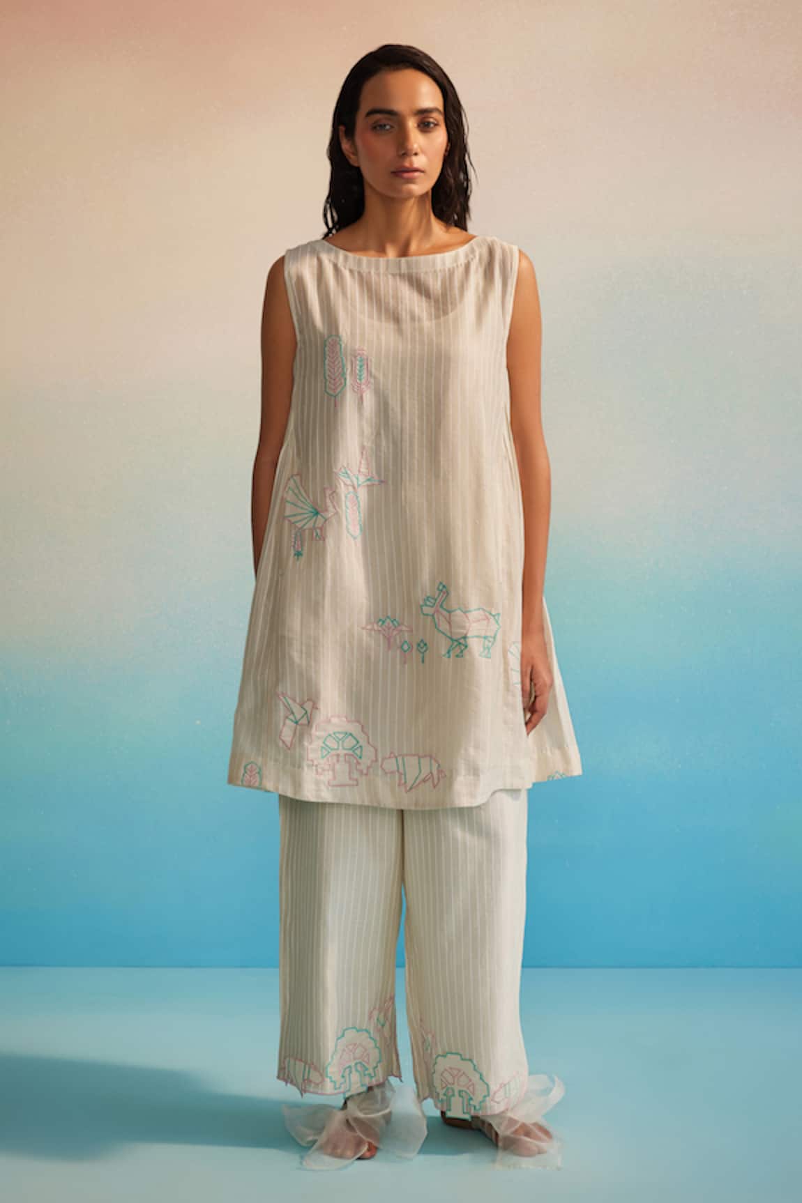 Ahmev Hiroko Pleated Kurta & Pant Set 