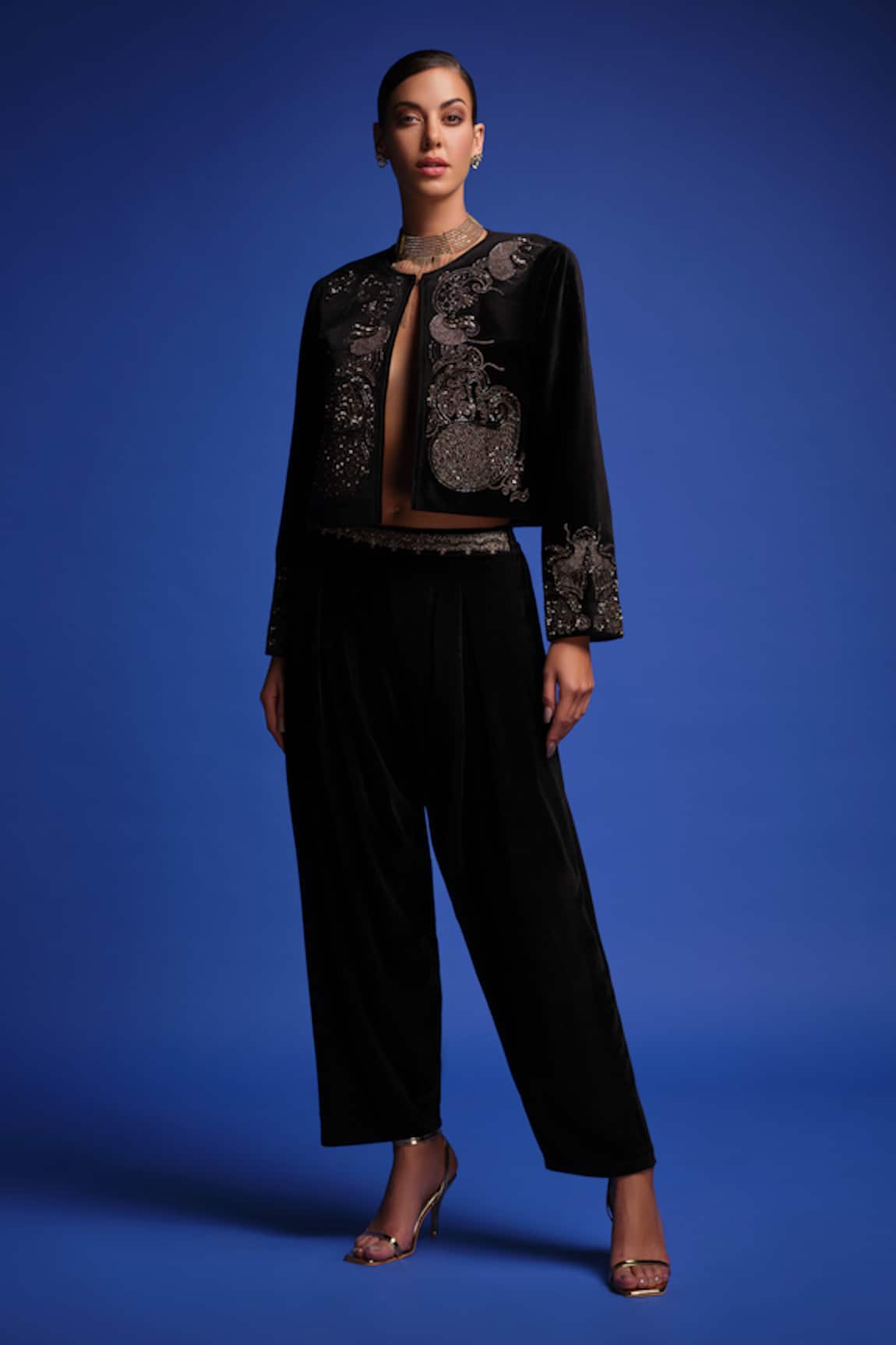 Samyukta Singhania Black Velvet Embroidered Jacket & Pant Set 