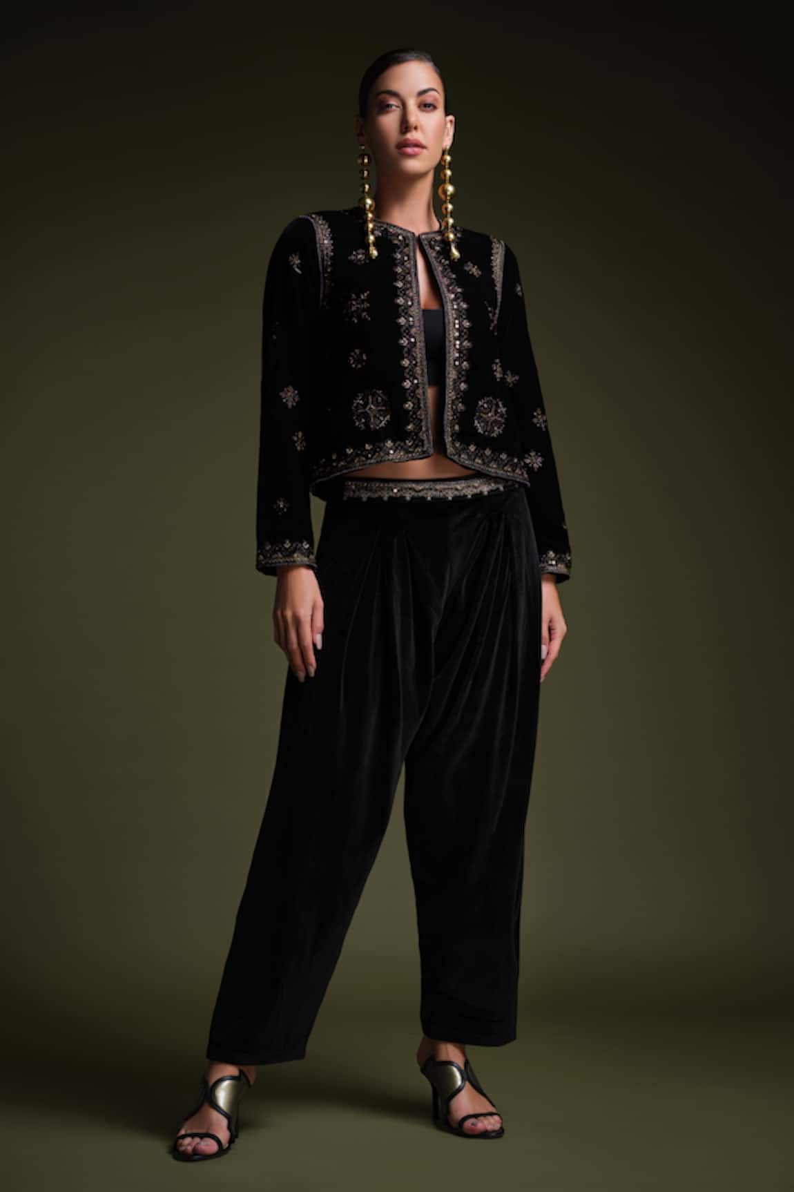 Samyukta Singhania Black Velvet Embroidered Jacket & Pant Set 